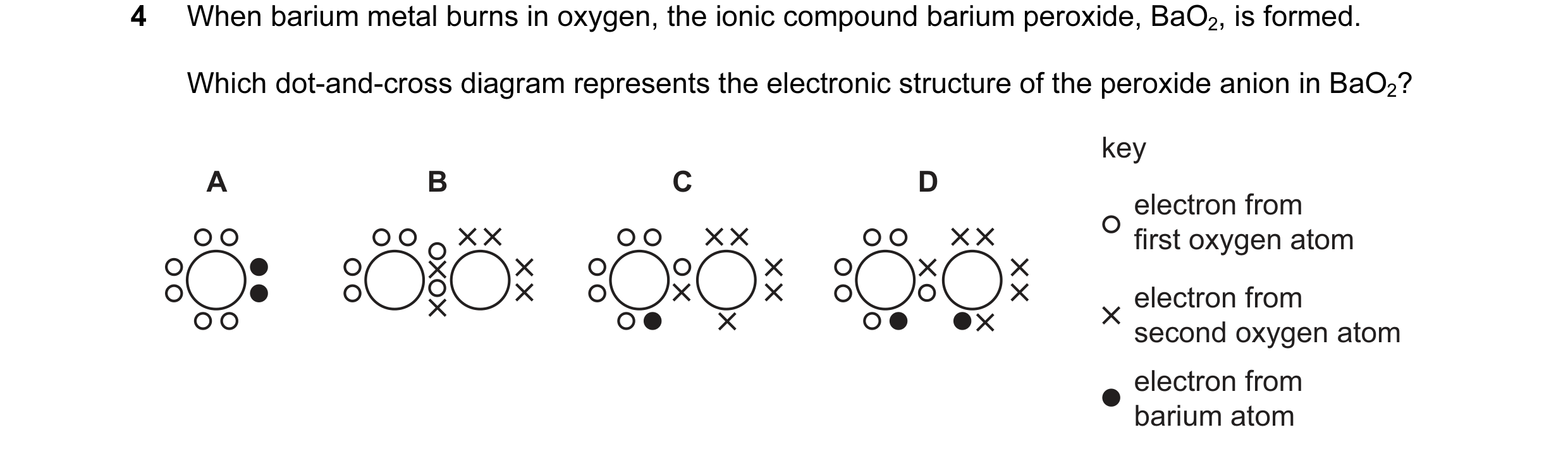 Question 1: When barium metal burns in oxygen, the ionic compound barium peroxide, BaO2, is formed. Which dot-and-cross diagram represents the electron…