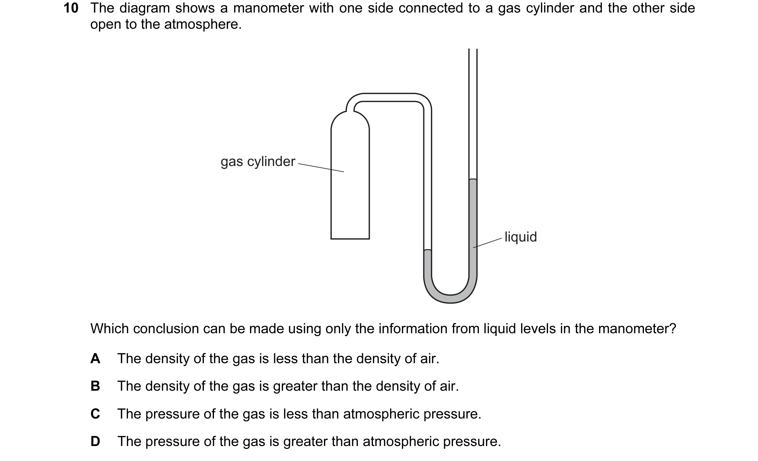 Question 90: The diagram shows a manometer with one side connected to a gas cylinder and the other side open to the atmosphere. gas cylinder liquid Whic…