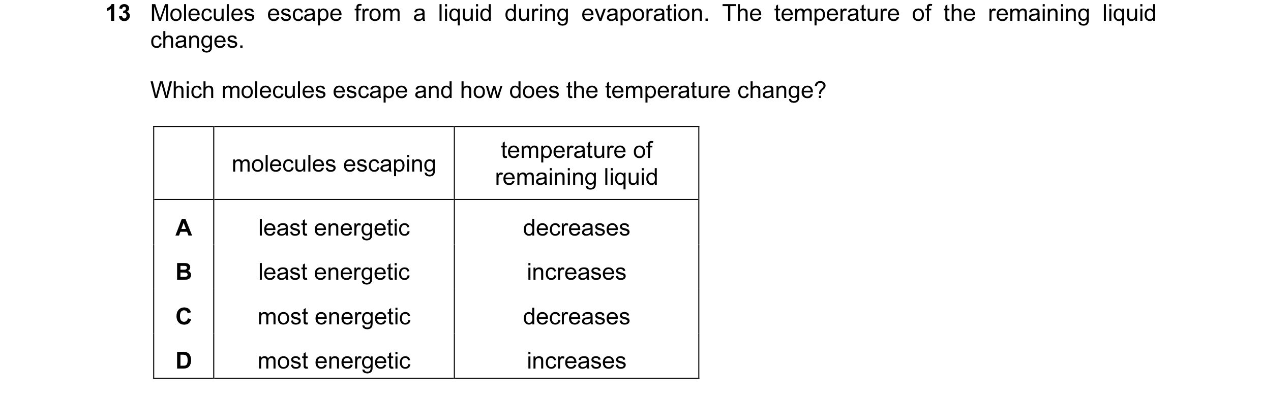 Question 96: Molecules escape from a liquid during evaporation. The temperature of the remaining liquid changes. Which molecules escape and how does the…