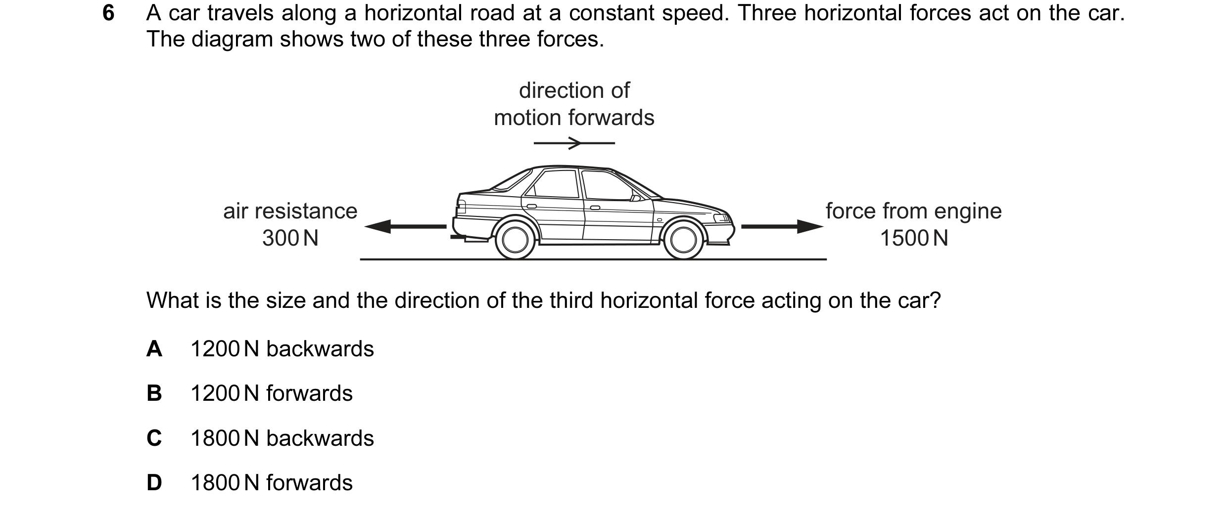 Question 110: A car travels along a horizontal road at a constant speed. Three horizontal forces act on the car. The diagram shows two of these three for…