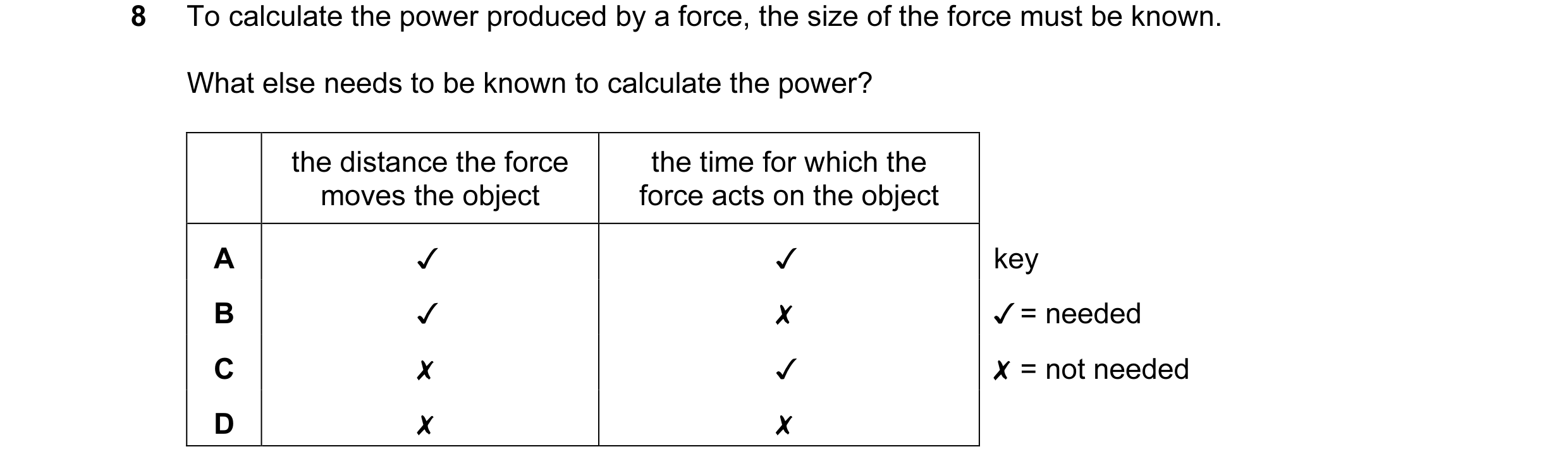 Question 87: Tocalculate the power produced by a force, the size of the force must be known.
What else needs to be known to calculate the power?
the d…