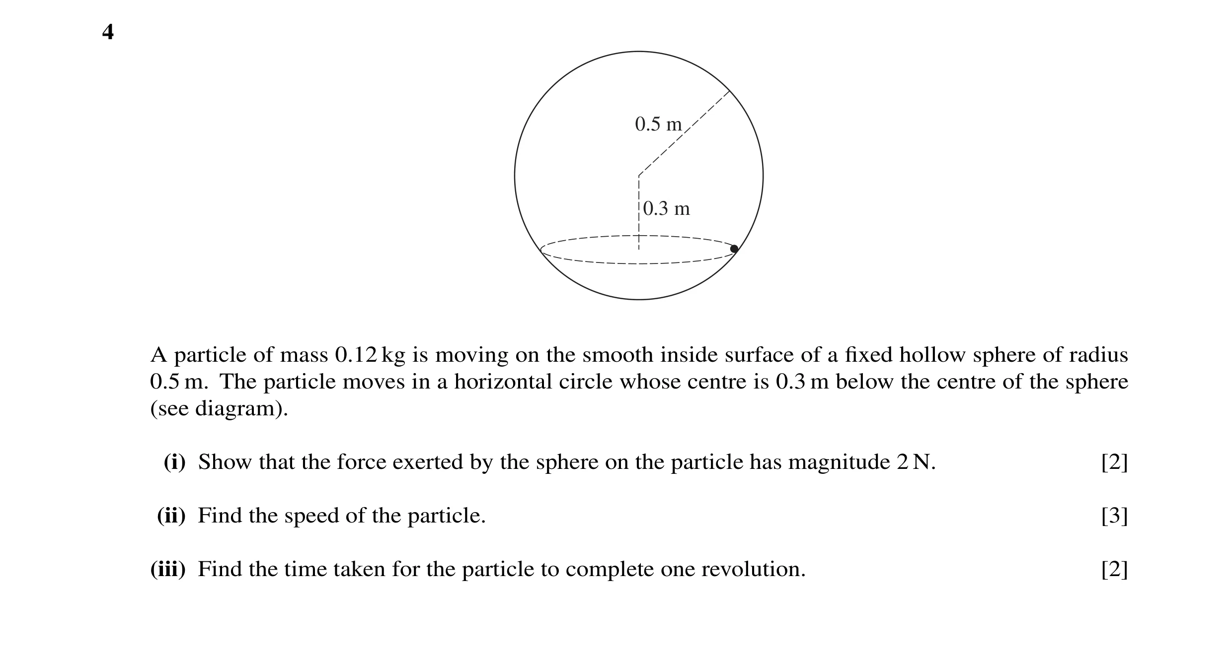Question 23: 0.5 m 0.3 m A particle of mass 0.12 kg is moving on the smooth inside surface of a fixed hollow sphere of radius 0.5 m. The particle moves i…