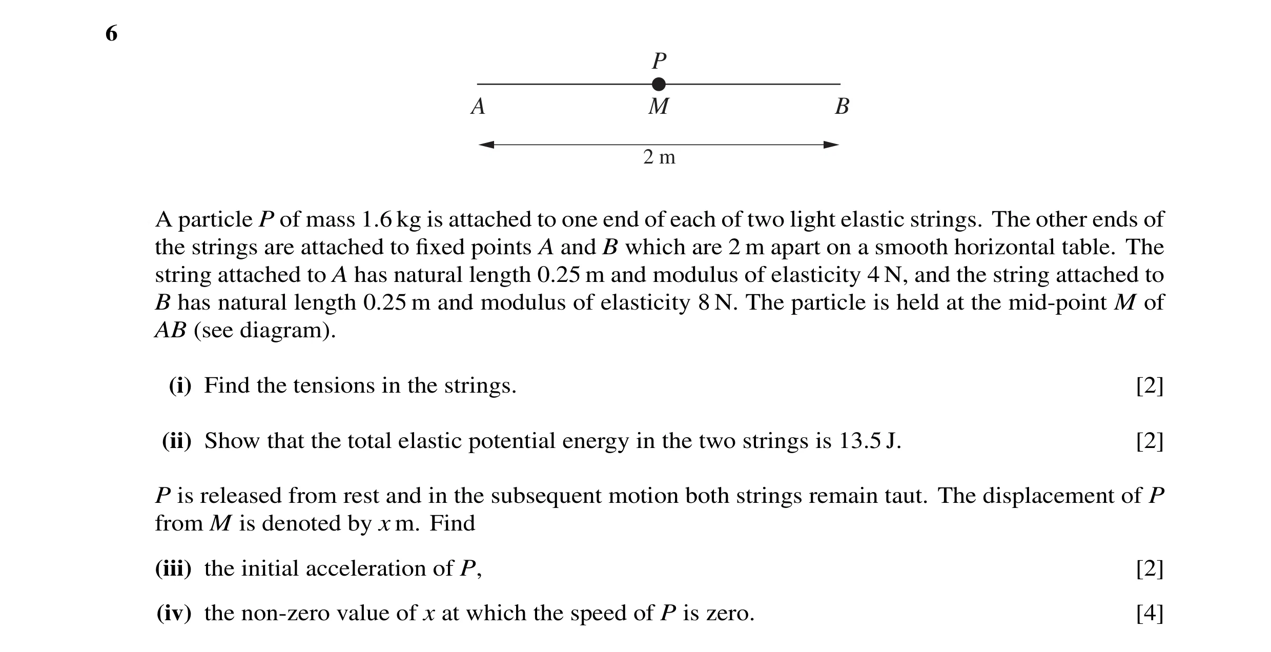 Question 8: P A M B 2 m A particle P of mass 1.6 kg is attached to one end of each of two light elastic strings. The other ends of the strings are atta…