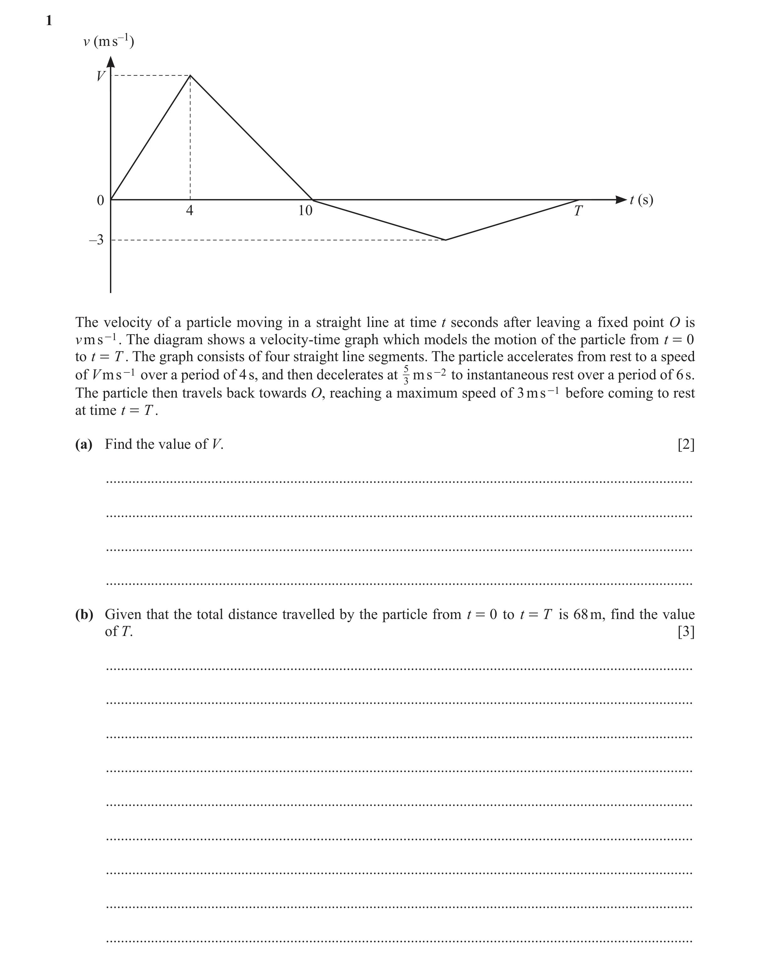 Question 335: v (m s–1) V 0 t (s) 4 10 T –3 The velocity of a particle moving in a straight line at time t seconds after leaving a fixed point O is v m s…