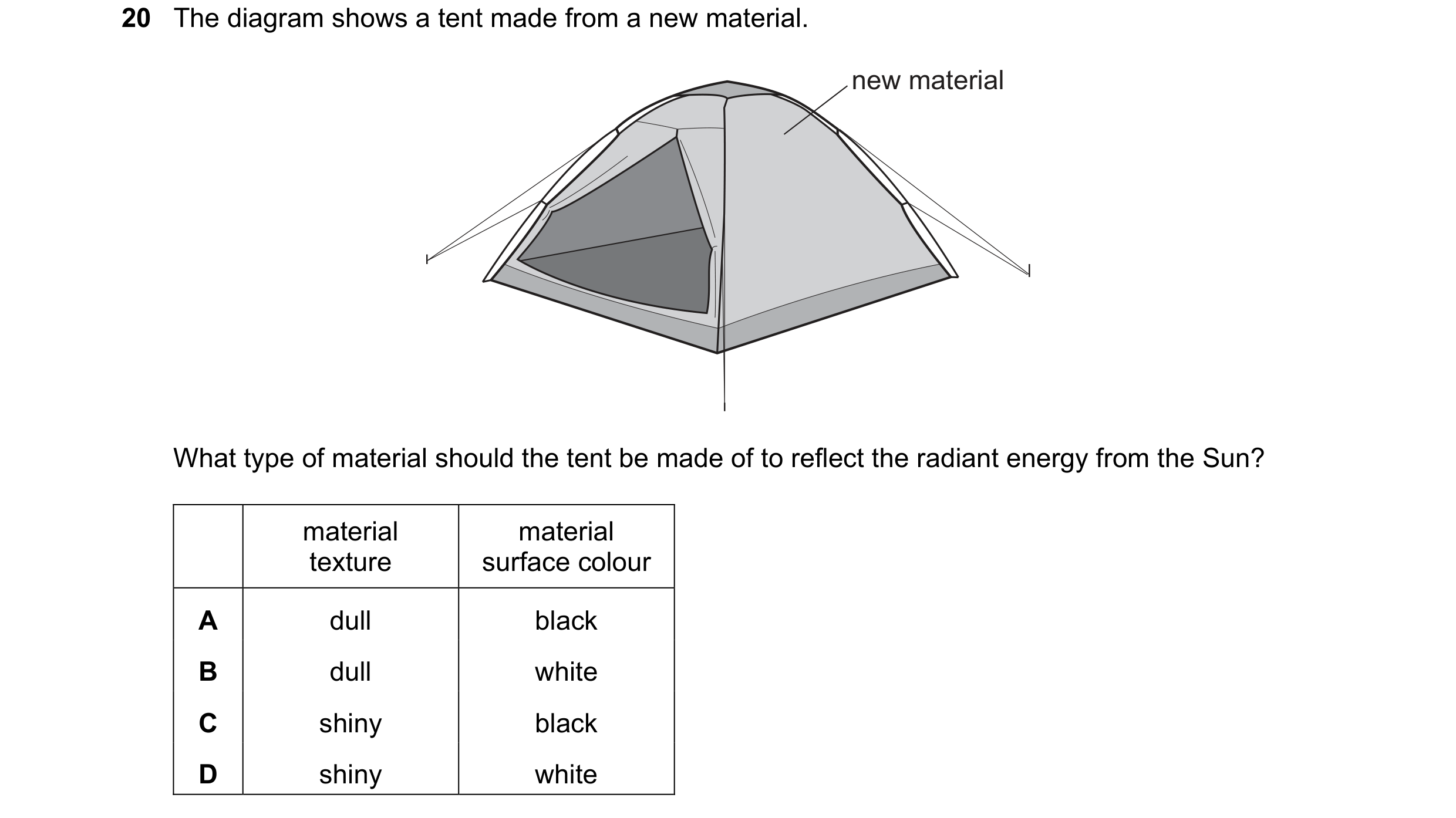 Question 132: The diagram shows a tent made from a new material. new material What type of material should the tent be made of to reflect the radiant ene…