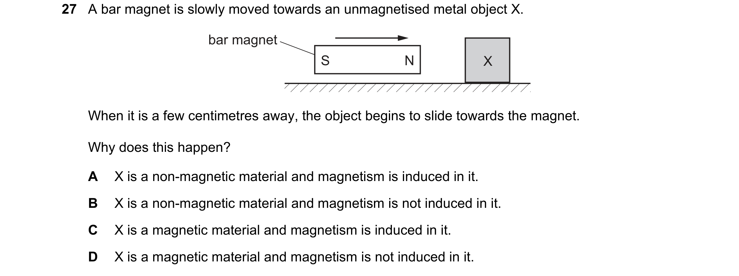 Question 149: A bar magnet is slowly moved towards an unmagnetised metal object X. bar magnet S N X When it is a few centimetres away, the object begins …