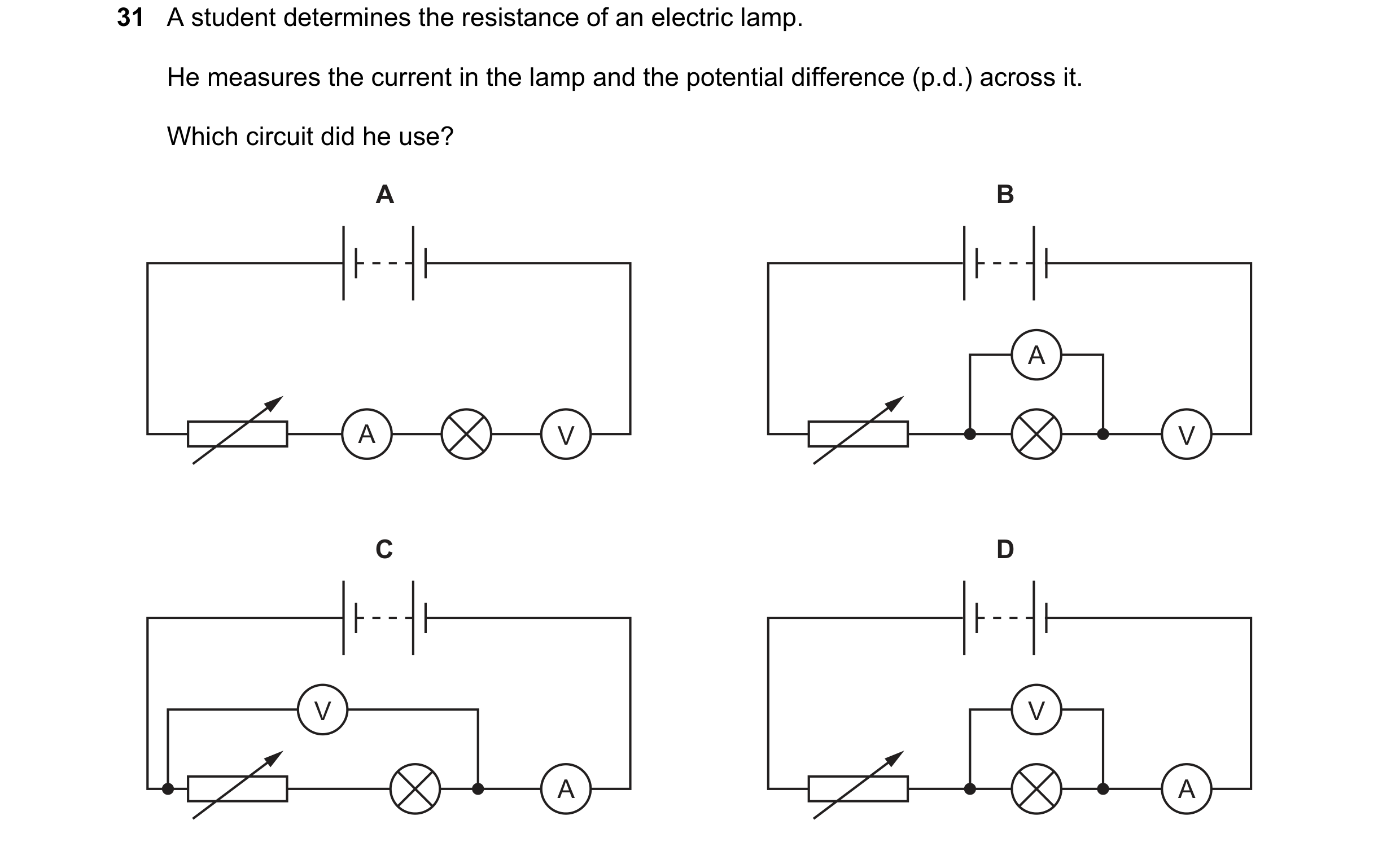 Question 268: A student determines the resistance of an electric lamp. He measures the current in the lamp and the potential difference (p.d.) across it.…