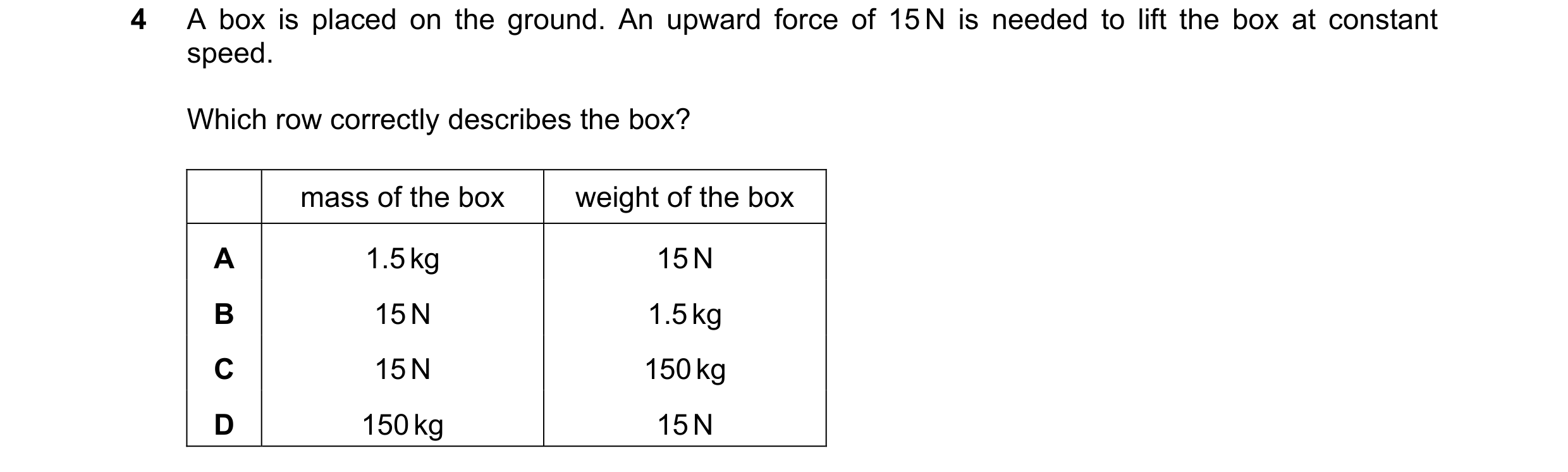 Question 207: A box is placed on the ground. An upward force of 15 N is needed to lift the box at constant speed. Which row correctly describes the box? …