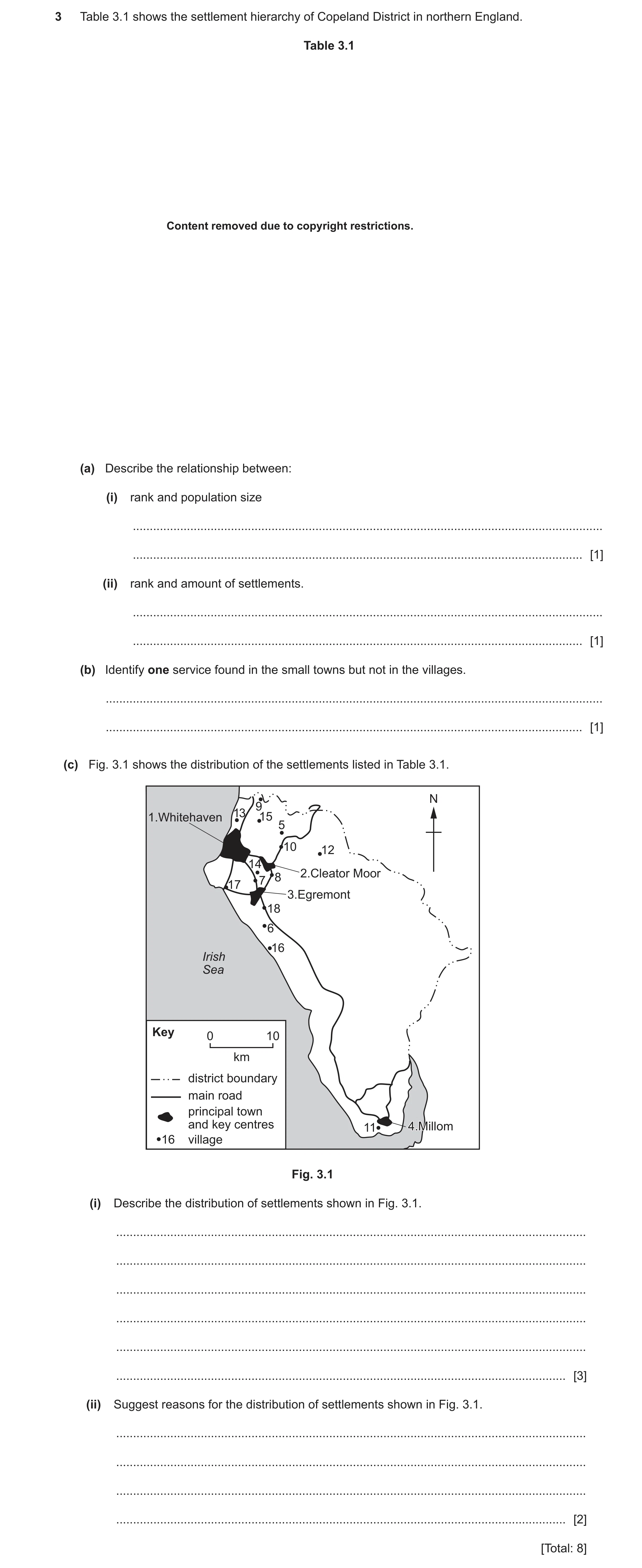 Question 70: Table 3.1 shows the settlement hierarchy of Copeland District in northern England. Table 3.1 Content removed due to copyright restrictions.…