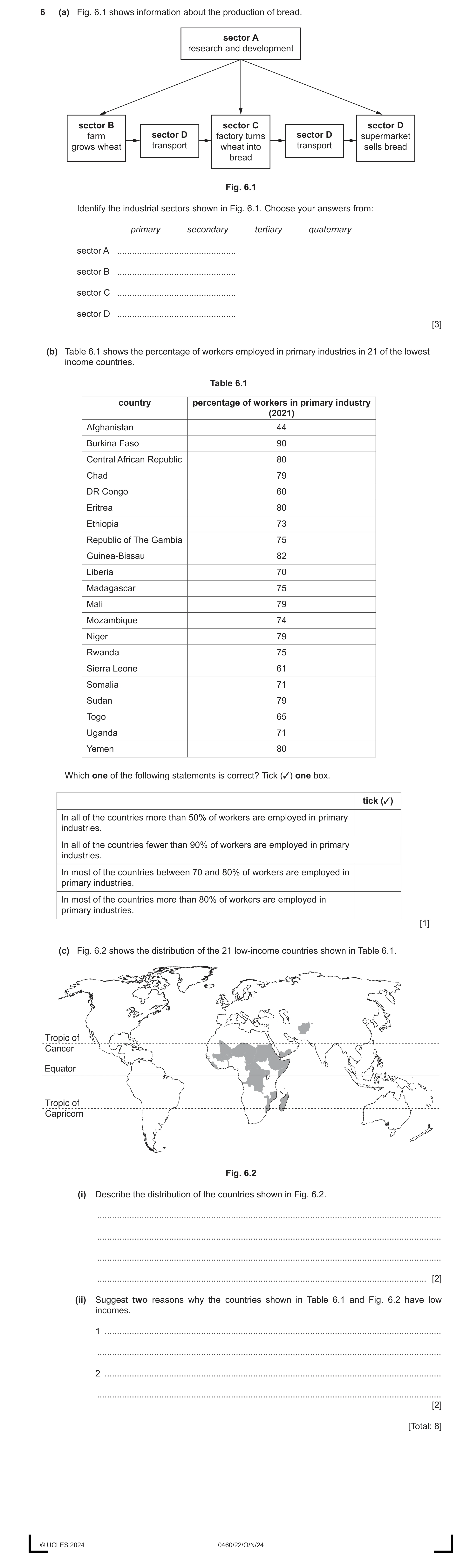 Question 13: (a) Fig. 6.1 shows information about the production of bread. sector A research and development sector B sector C sector D farm sector D fa…