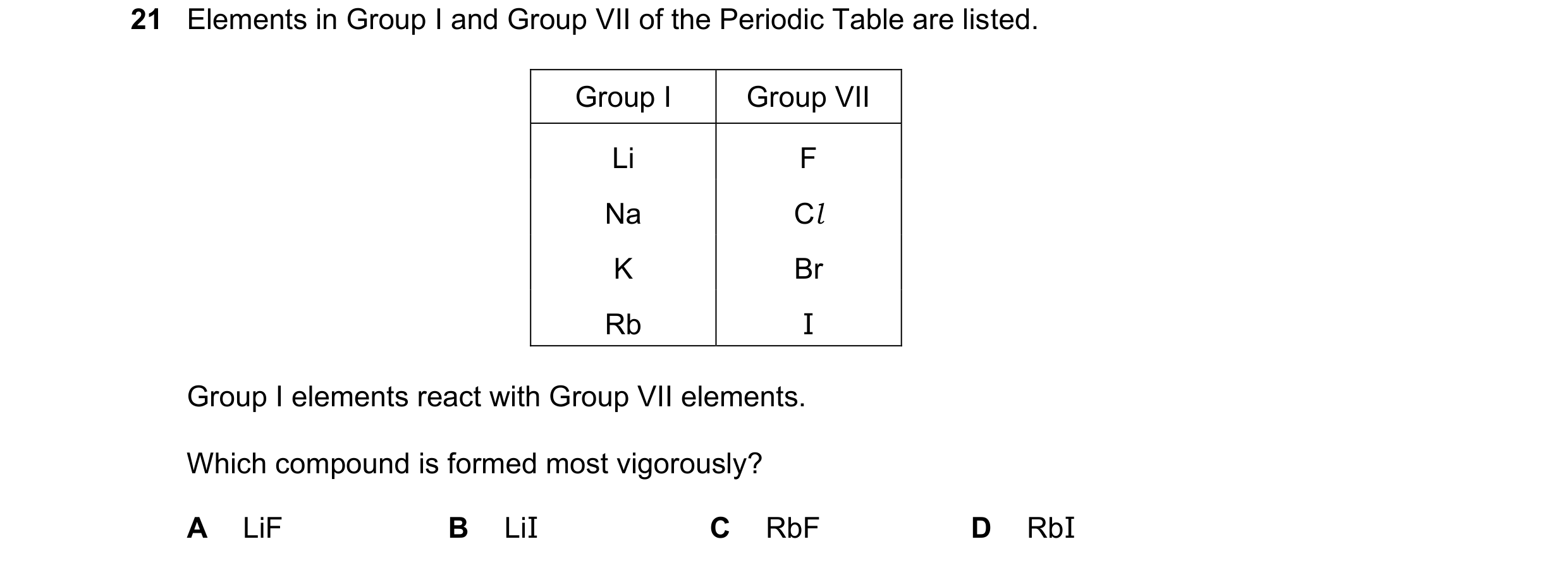 Question 10: Elements in Group I and Group VII of the Periodic Table are listed. Group I Group VII Li F Na Cl K Br Rb I Group I elements react with Grou…