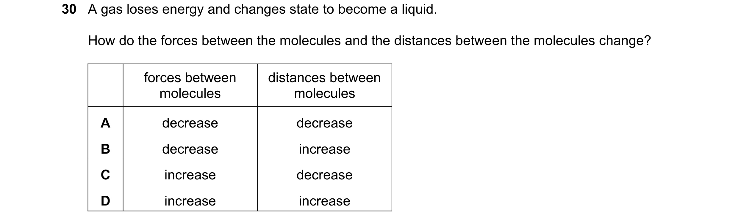 Question 34: A gas loses energy and changes state to become a liquid. How do the forces between the molecules and the distances between the molecules ch…