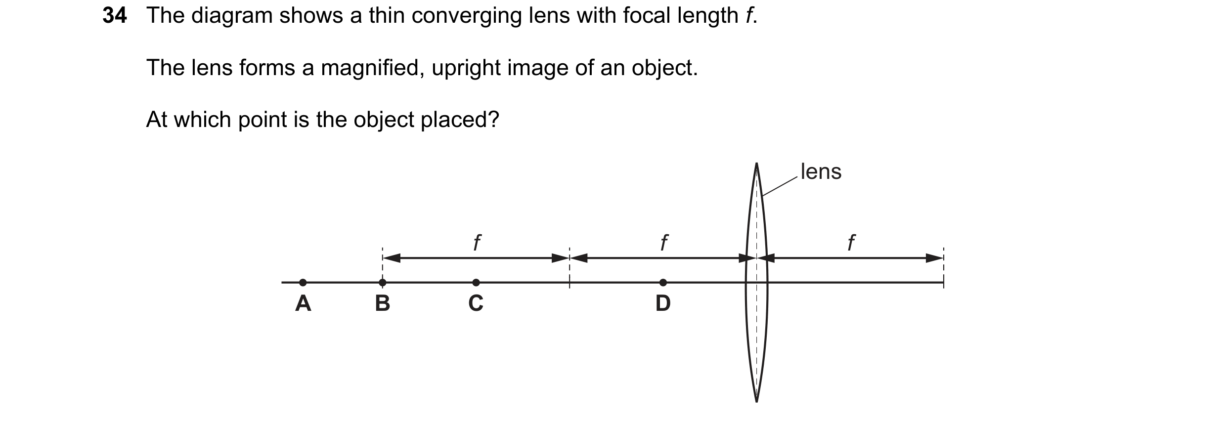 Question 30: The diagram shows a thin converging lens with focal length f. The lens forms a magnified, upright image of an object. At which point is the…