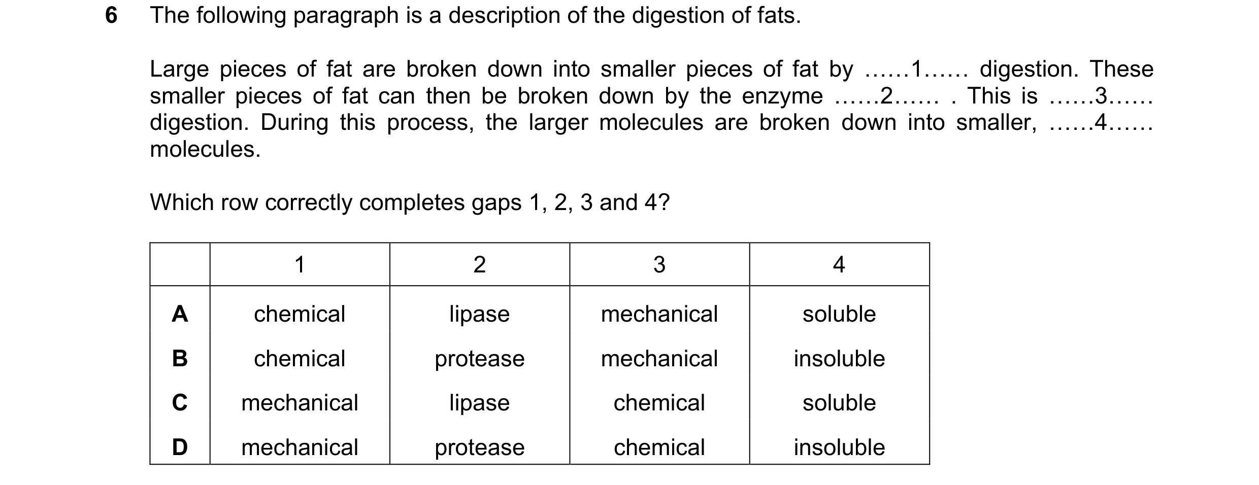Question 19: The following paragraph is a description of the digestion of fats. Large pieces of fat are broken down into smaller pieces of fat by ……1…… …