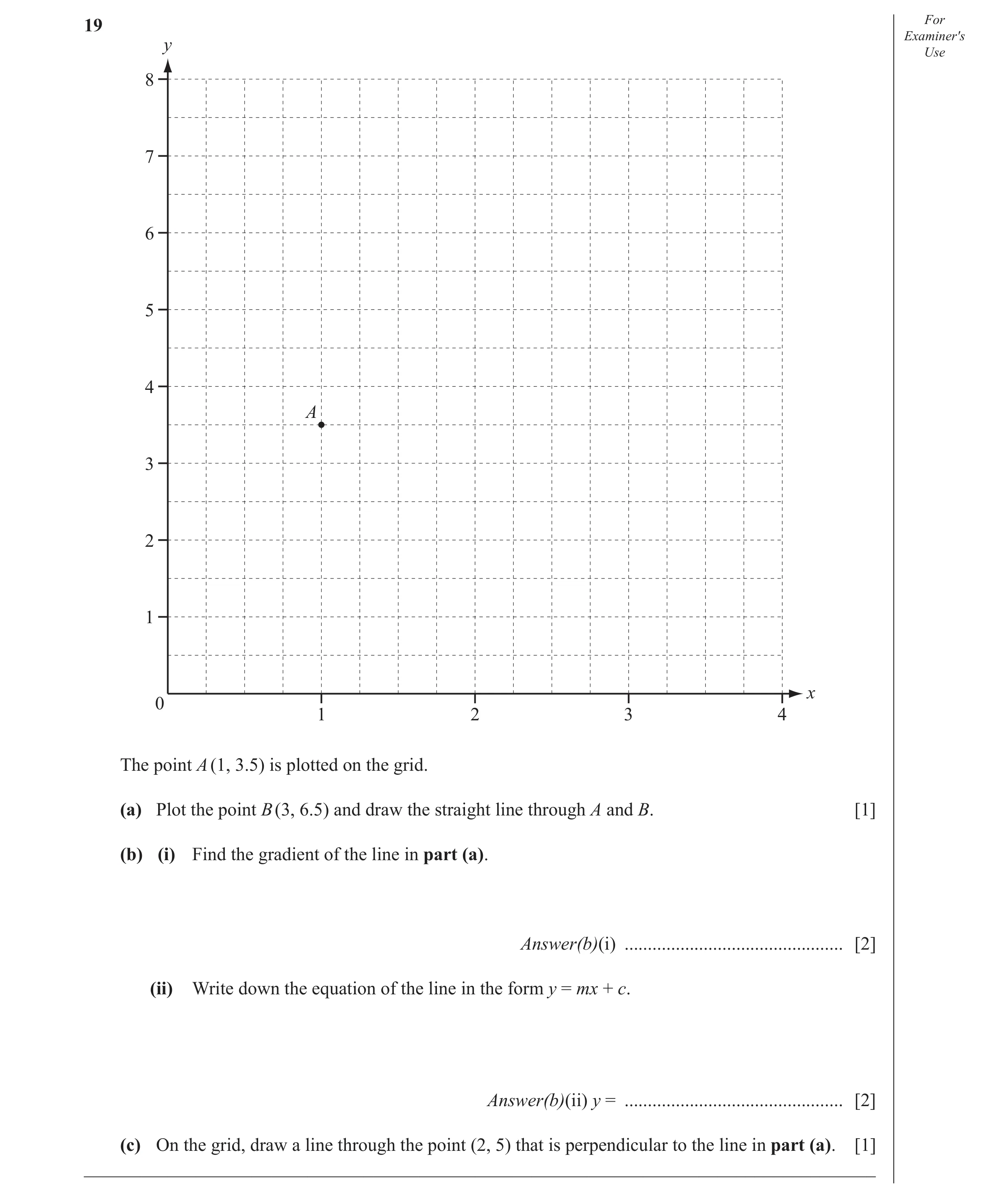 Question 11: For Examiner′s y Use 8 7 6 5 4 A 3 2 1 x 0 1 2 3 4 The point A (1, 3.5) is plotted on the grid. (a) Plot the point B (3, 6.5) and draw the …