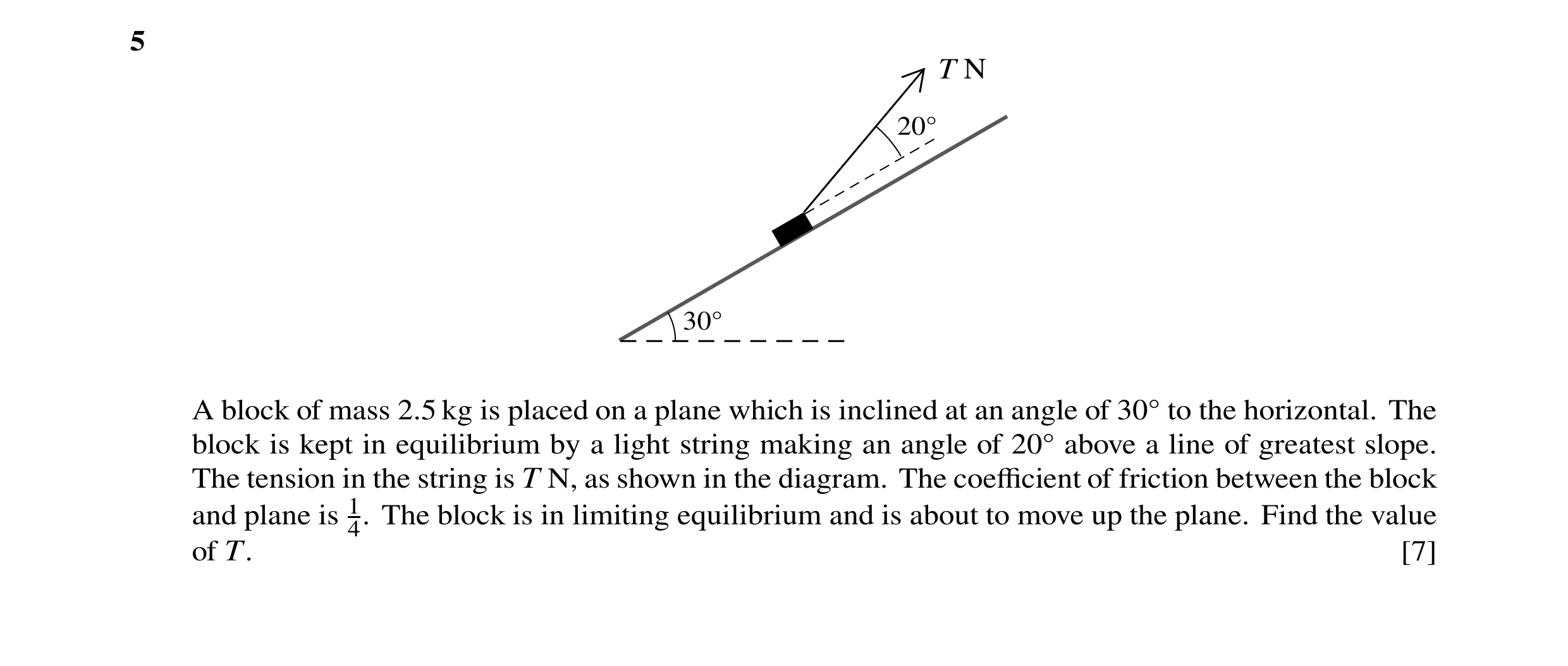 Question 85: T N 20Å 30Å A block of mass 2.5 kg is placed on a plane which is inclined at an angle of 30Å to the horizontal. The block is kept in equili…