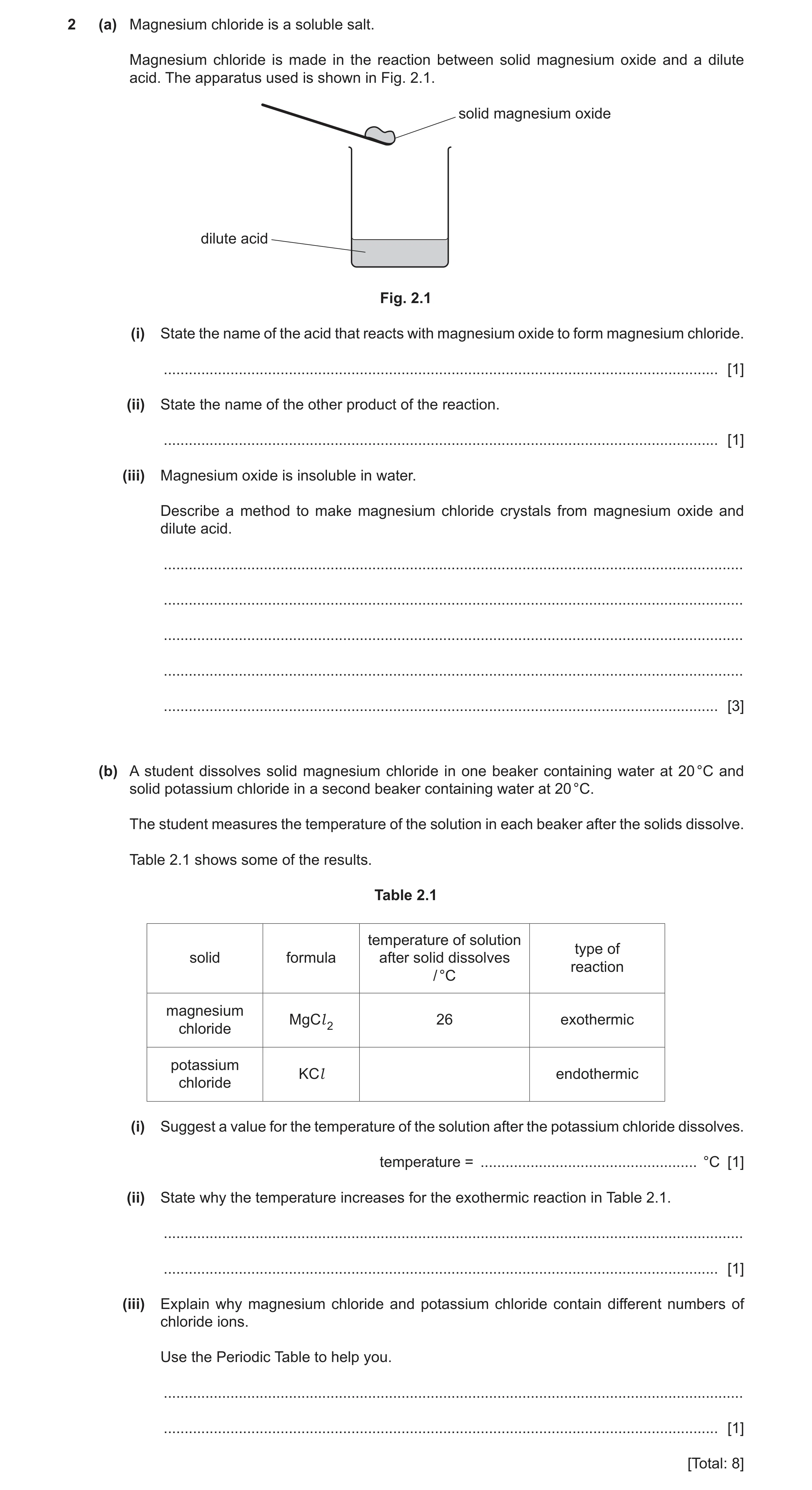 Question 14: (a) Magnesium chloride is a soluble salt. Magnesium chloride is made in the reaction between solid magnesium oxide and a dilute acid. The a…