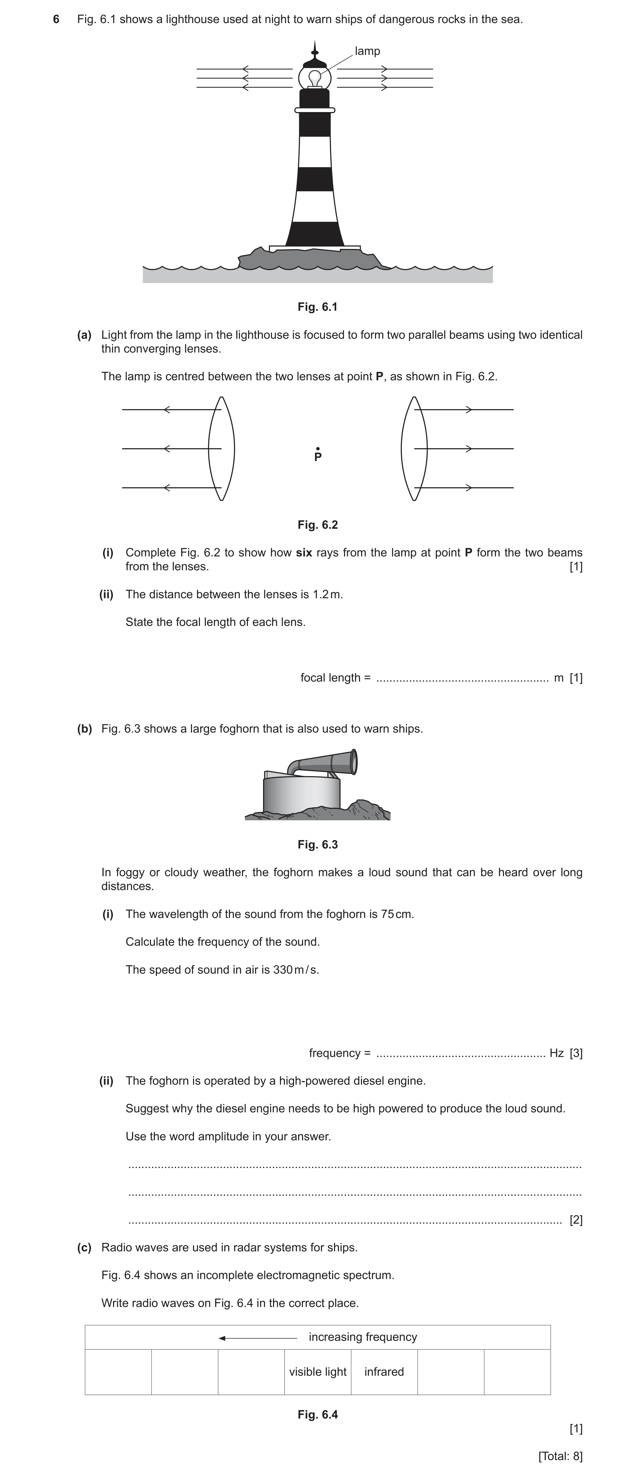 Question 14: Fig. 6.1 shows a lighthouse used at night to warn ships of dangerous rocks in the sea. lamp Fig. 6.1 (a) Light from the lamp in the lightho…