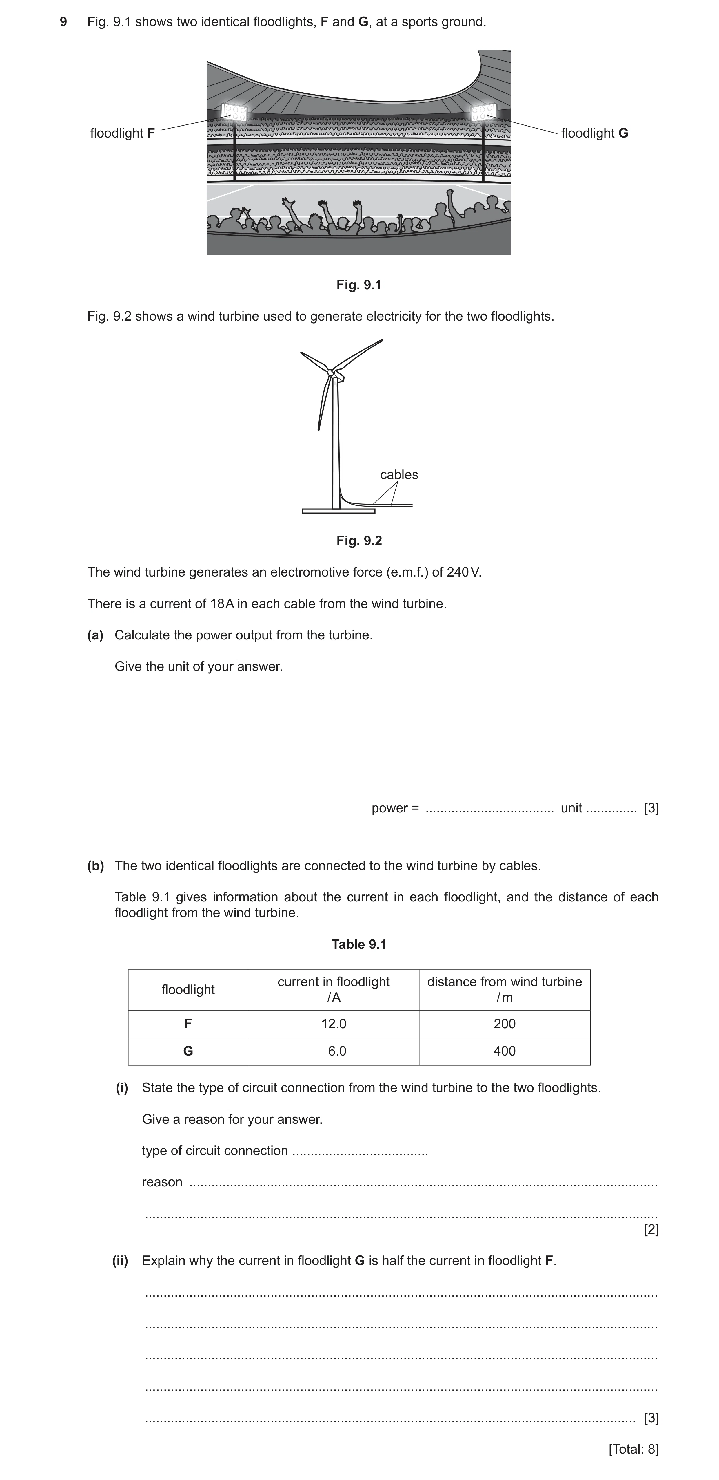 Question 26: Fig. 9.1 shows two identical floodlights, F and G, at a sports ground. floodlight F floodlight G Fig. 9.1 Fig. 9.2 shows a wind turbine use…