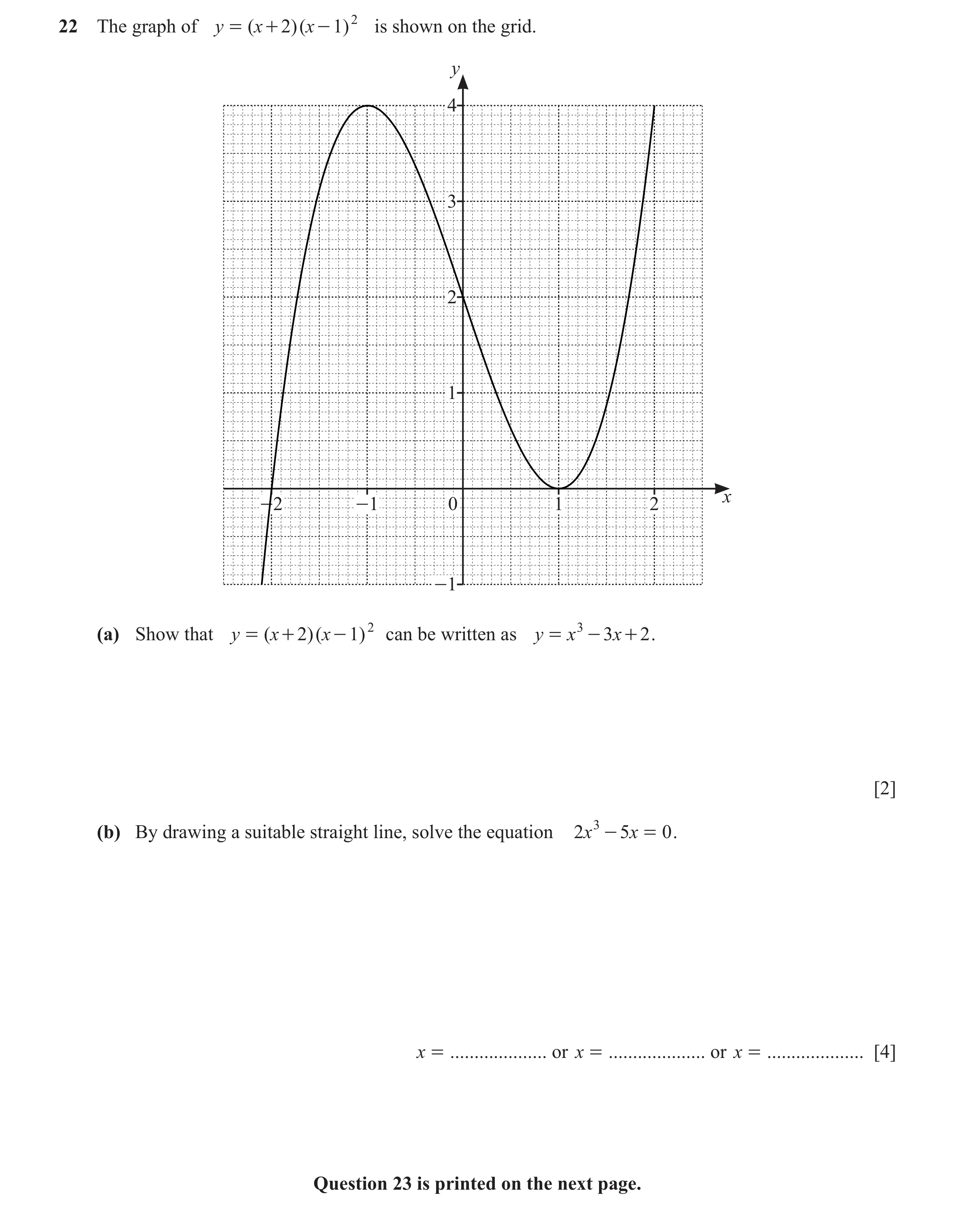 Question 18: The graph of y = ( x + 2)( x - 1) 2 is shown on the grid. y 4 3 2 1 x -2 -1 0 1 2 -1 (a) Show that y = ( x + 2 )( x - 1 ) 2 can be written …