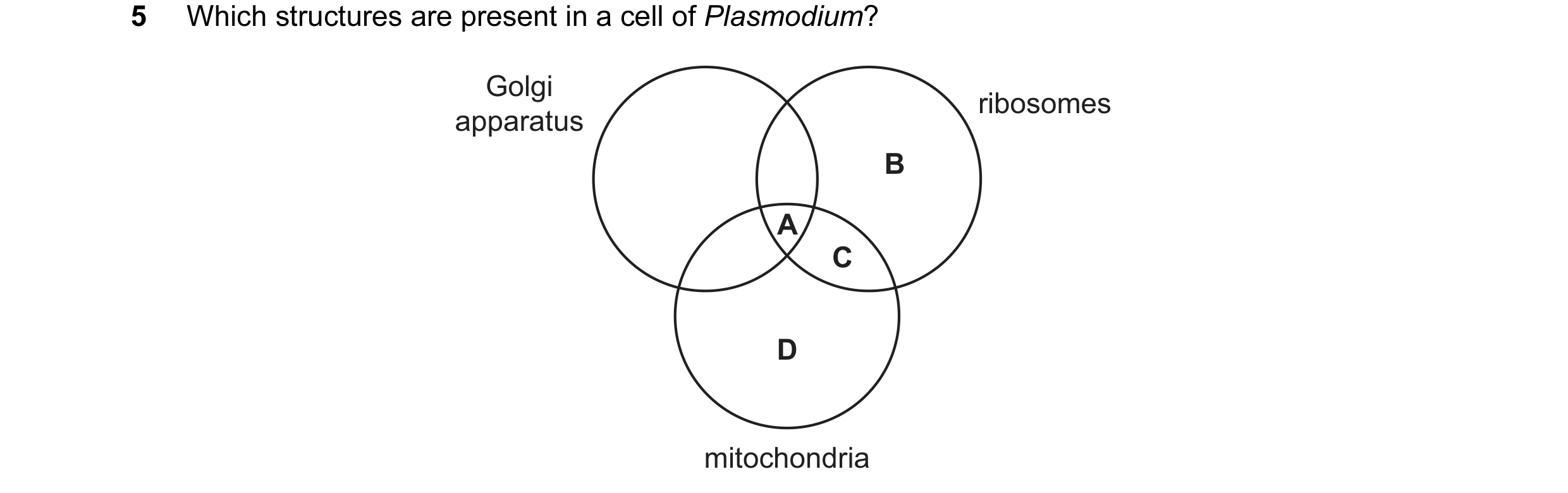 Question 105: Which structures are present in a cell of Plasmodium? Golgi ribosomes apparatus B A C D mitochondria