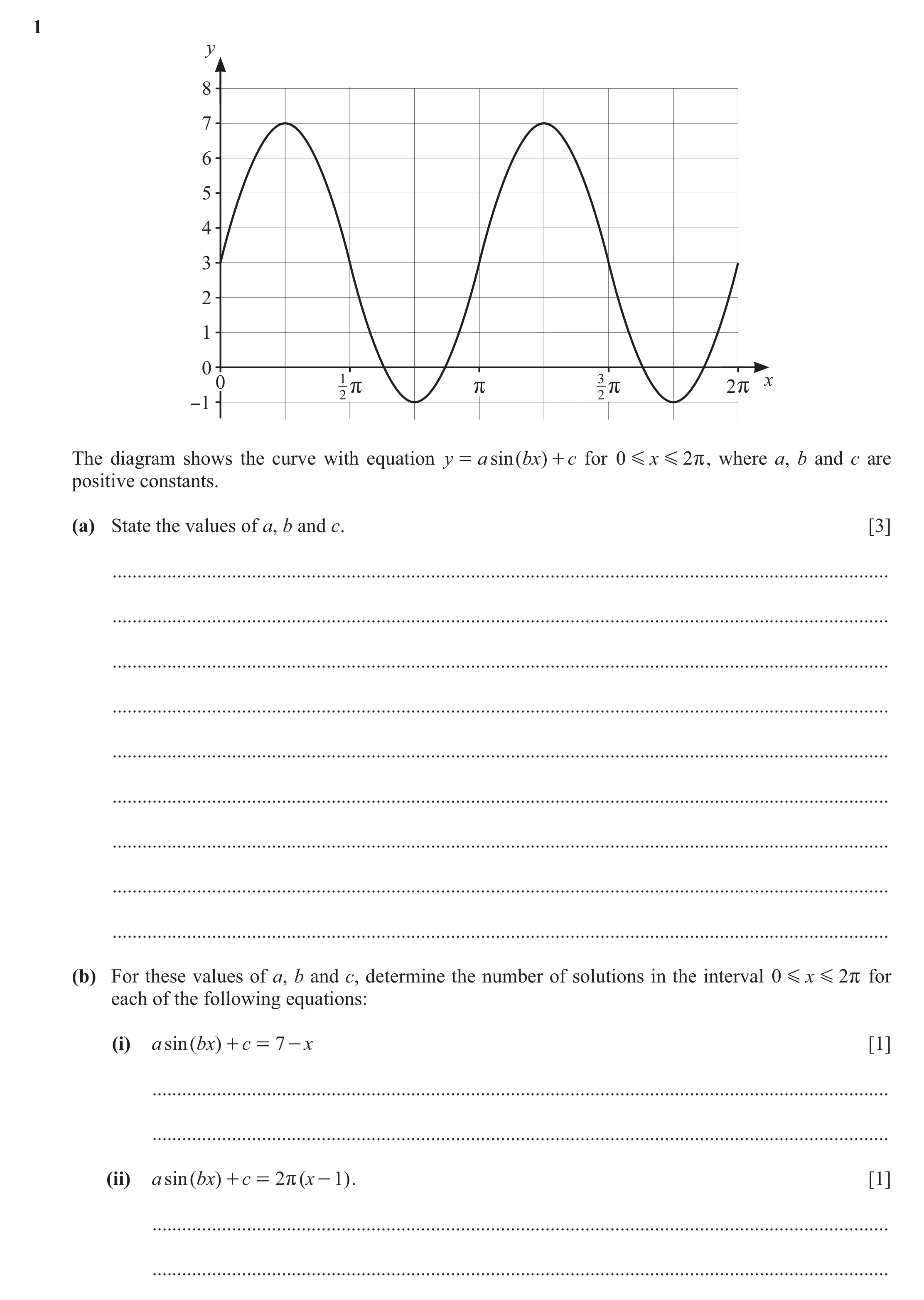 Question 34: y 8 7 6 5 4 3 2 1 0 0 1 r rr 3 r 2rr x −1 2 2 The diagram shows the curve with equation y = a sin ( bx) + c for 0 G x G 2 r, where a, b and…