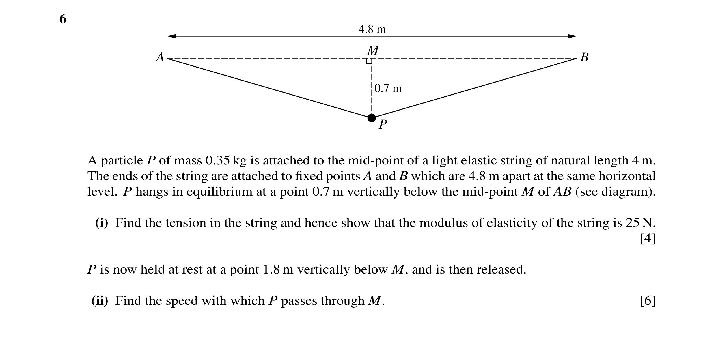 Question 13: 4.8 m M A B 0.7 m P A particle P of mass 0.35 kg is attached to the mid-point of a light elastic string of natural length 4 m. The ends of …