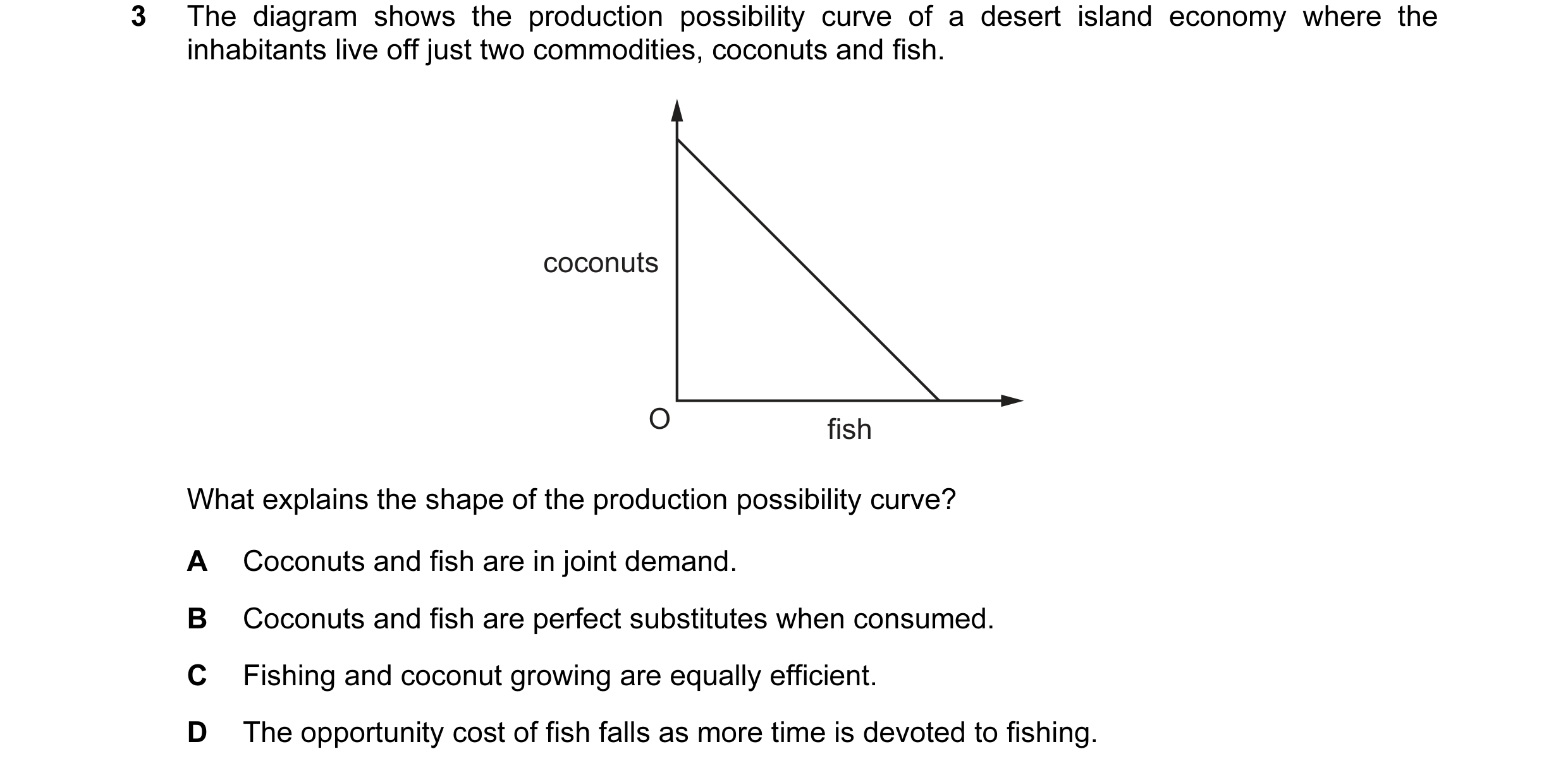Question 54: The diagram shows the production possibility curve of a desert island economy where the inhabitants live off just two commodities, coconuts…