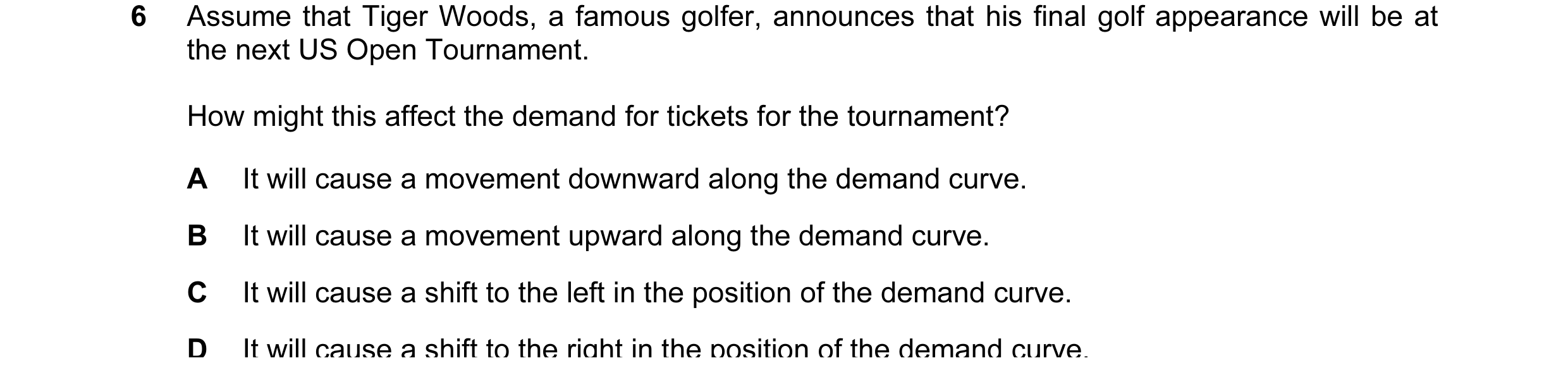 Question 128: Assume that Tiger Woods, a famous golfer, announces that his final golf appearance will be at the next US Open Tournament. How might this a…