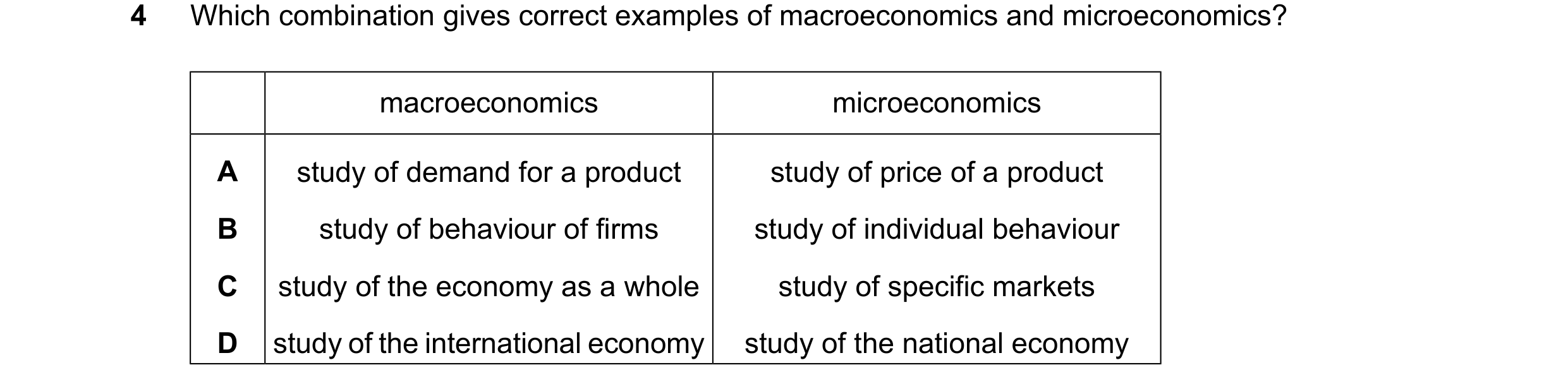 Question 24: Which combination gives correct examples of macroeconomics and microeconomics? macroeconomics microeconomics A study of demand for a produc…