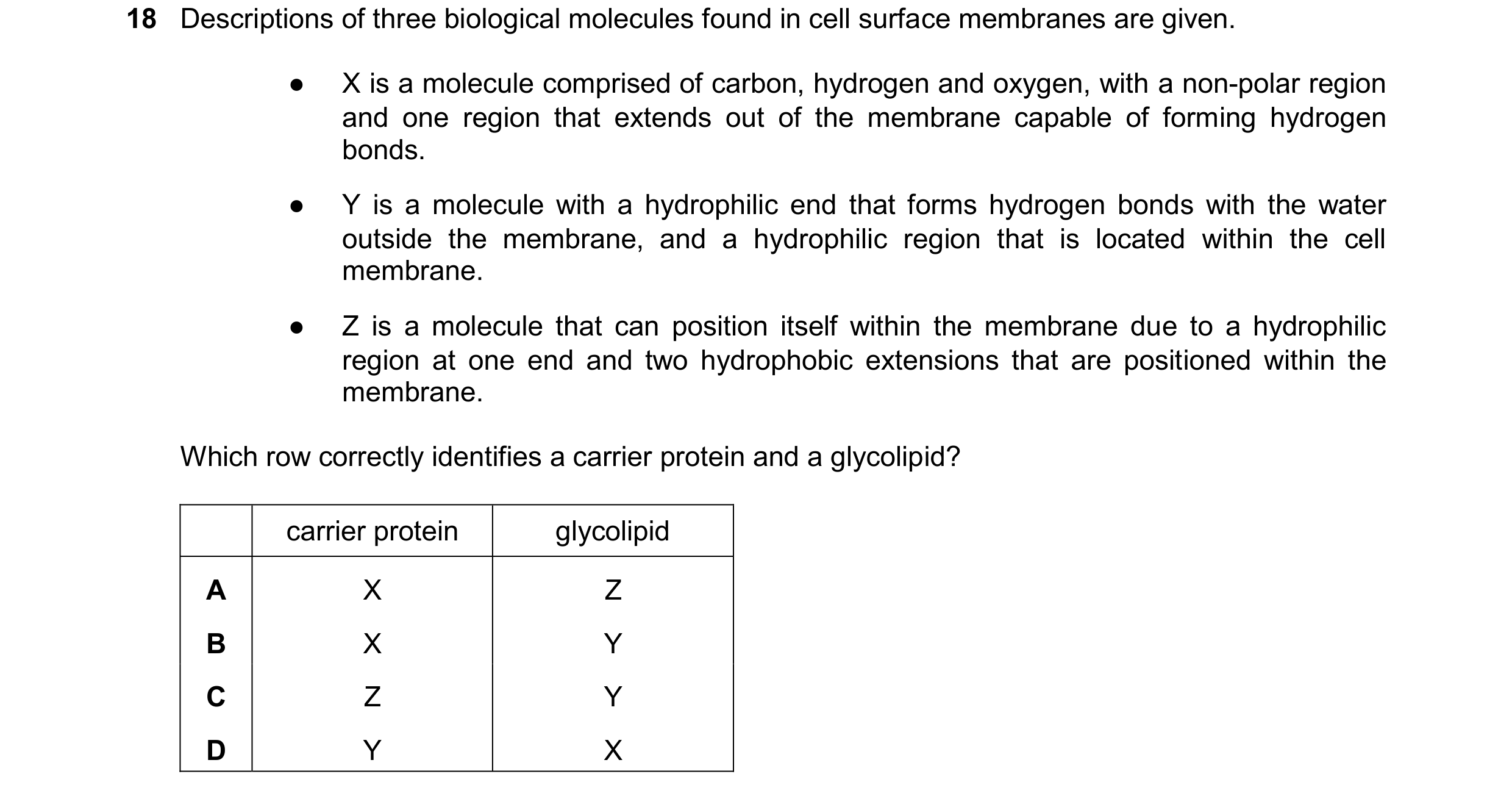 Question 142: Descriptions of three biological molecules found in cell surface membranes are given. ● X is a molecule comprised of carbon, hydrogen and o…
