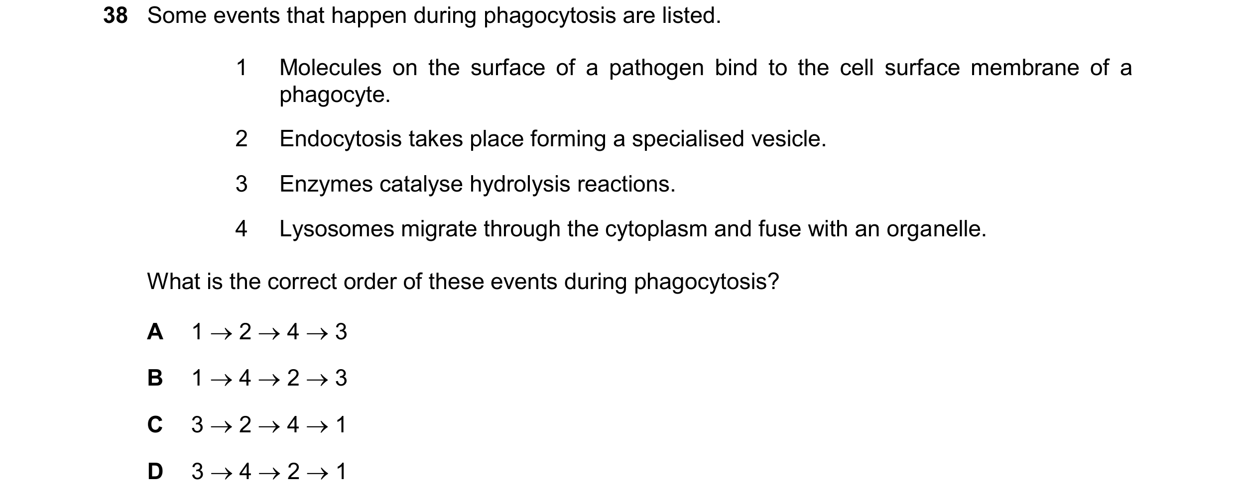 Question 143: Some events that happen during phagocytosis are listed. 1 Molecules on the surface of a pathogen bind to the cell surface membrane of a pha…