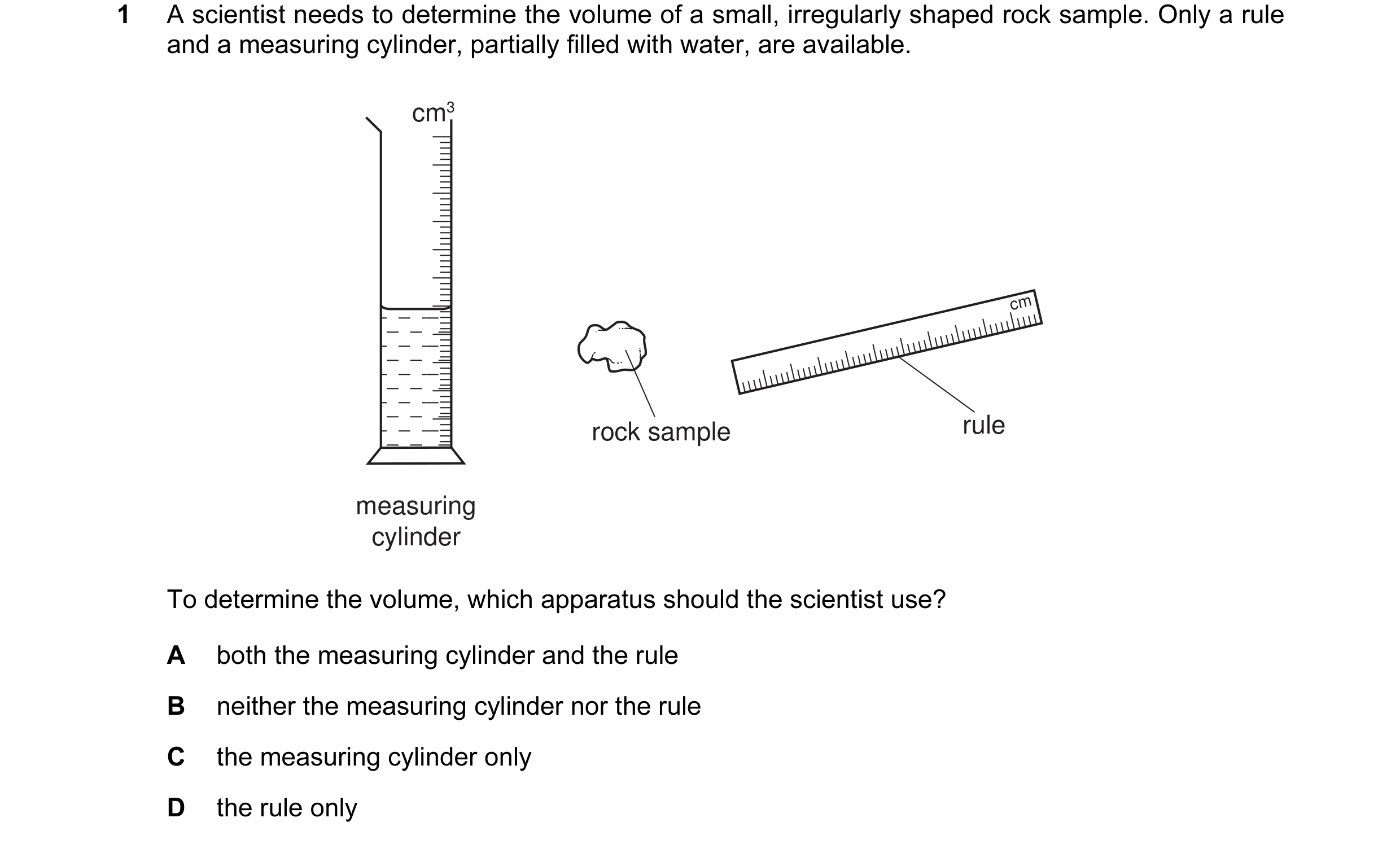 Question 24: A scientist needs to determine the volume of a small, irregularly shaped rock sample. Only a rule and a measuring cylinder, partially fille…