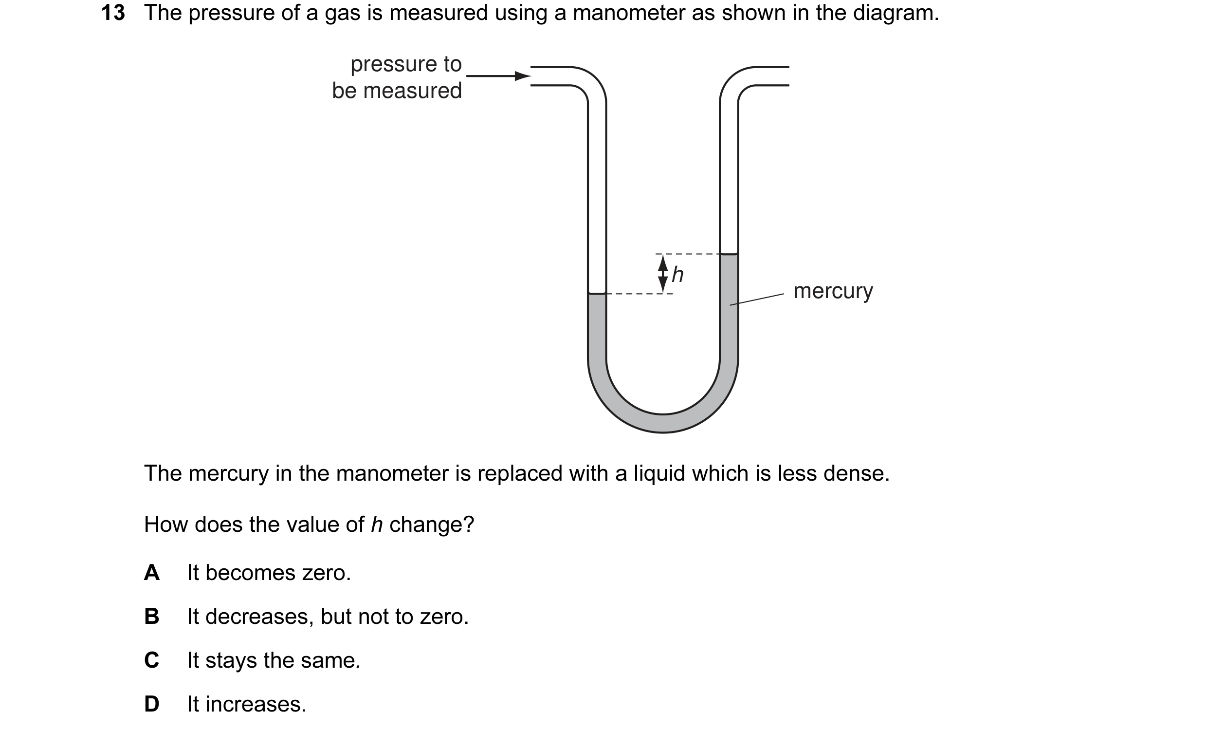Question 27: The pressure of a gas is measured using a manometer as shown in the diagram. pressure to be measured h mercury The mercury in the manometer…
