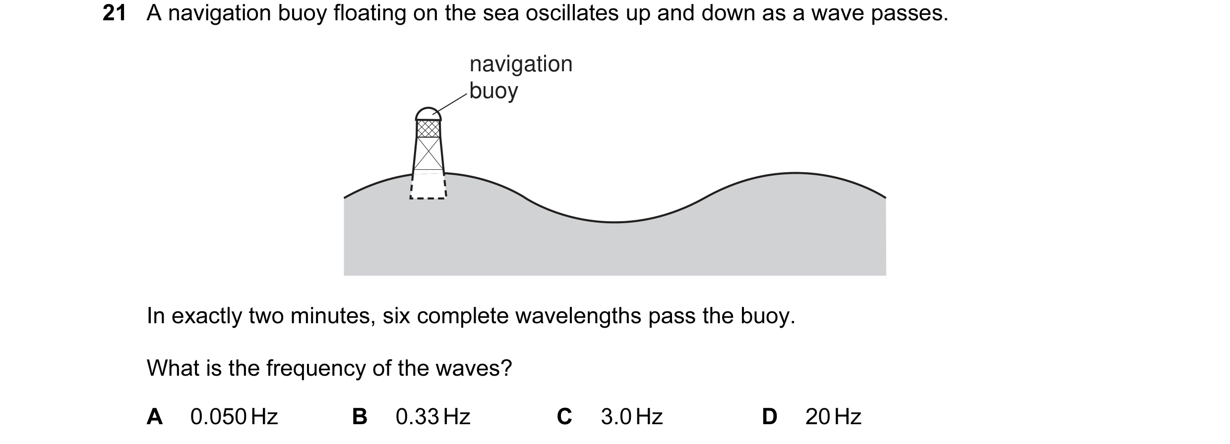 Question 30: A navigation buoy floating on the sea oscillates up and down as a wave passes. navigation buoy In exactly two minutes, six complete wavelen…