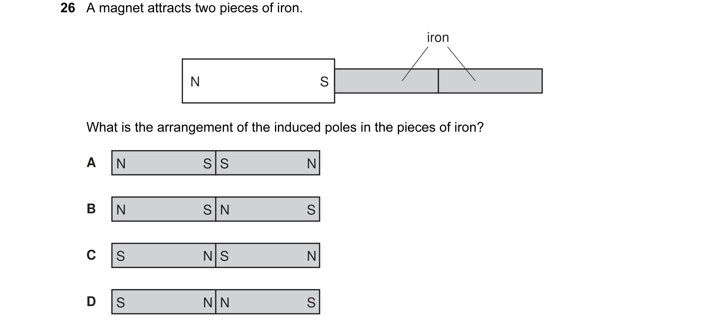 Question 24: A magnet attracts two pieces of iron. iron N S What is the arrangement of the induced poles in the pieces of iron? A N S S N B N S N S C S …