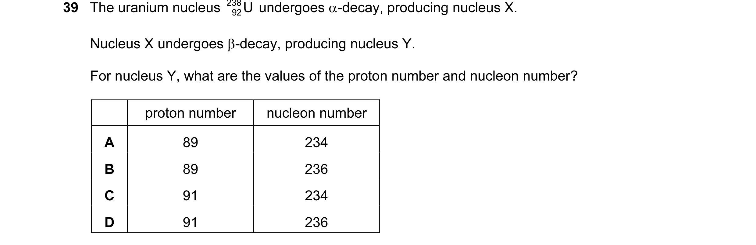 Question 31: The uranium nucleus 238 U undergoes α-decay, producing nucleus X. 92 Nucleus X undergoes β-decay, producing nucleus Y. For nucleus Y, what …