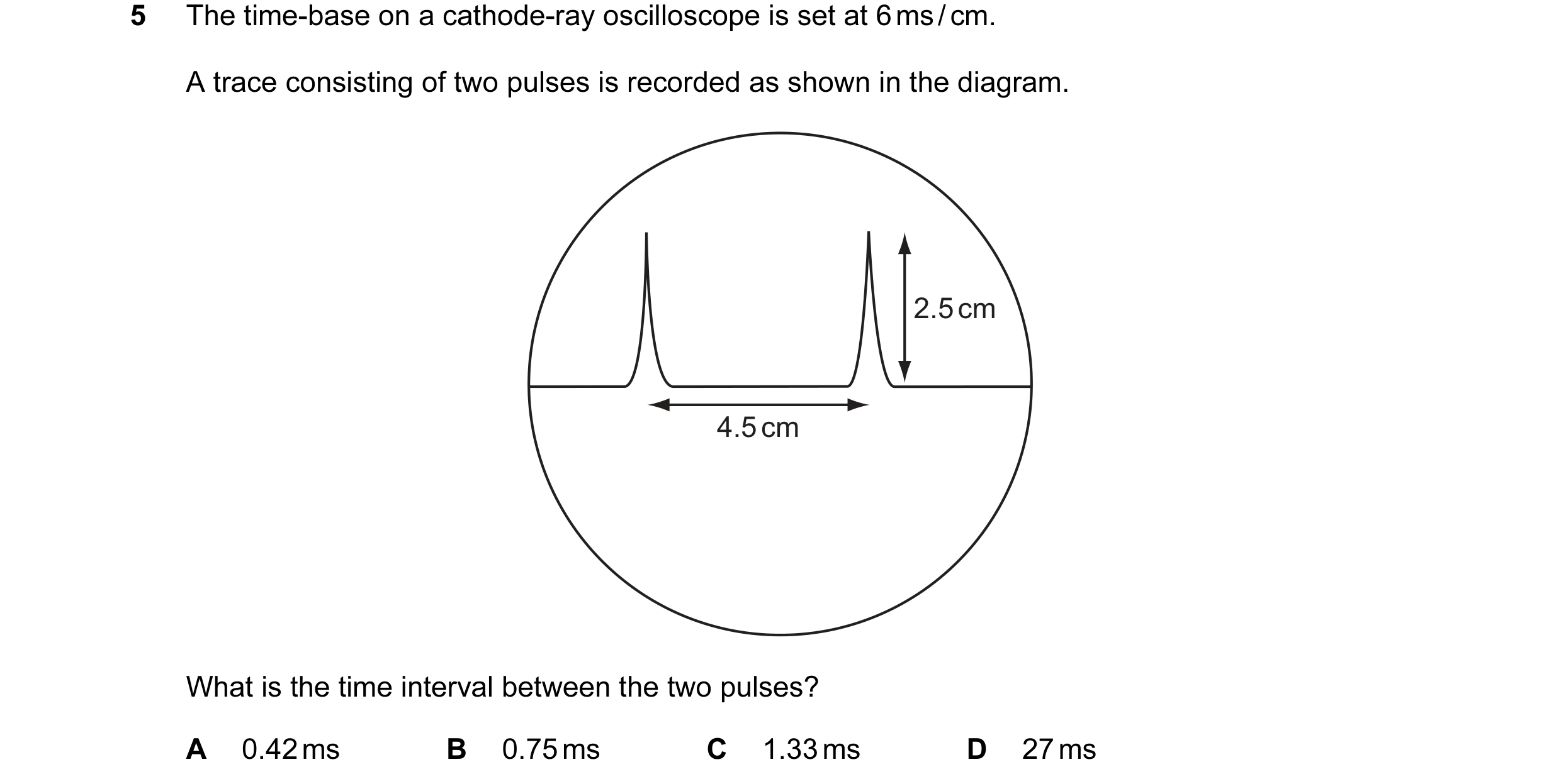 Question 17: The time-base on a cathode-ray oscilloscope is set at 6 ms / cm. A trace consisting of two pulses is recorded as shown in the diagram. 2.5 …