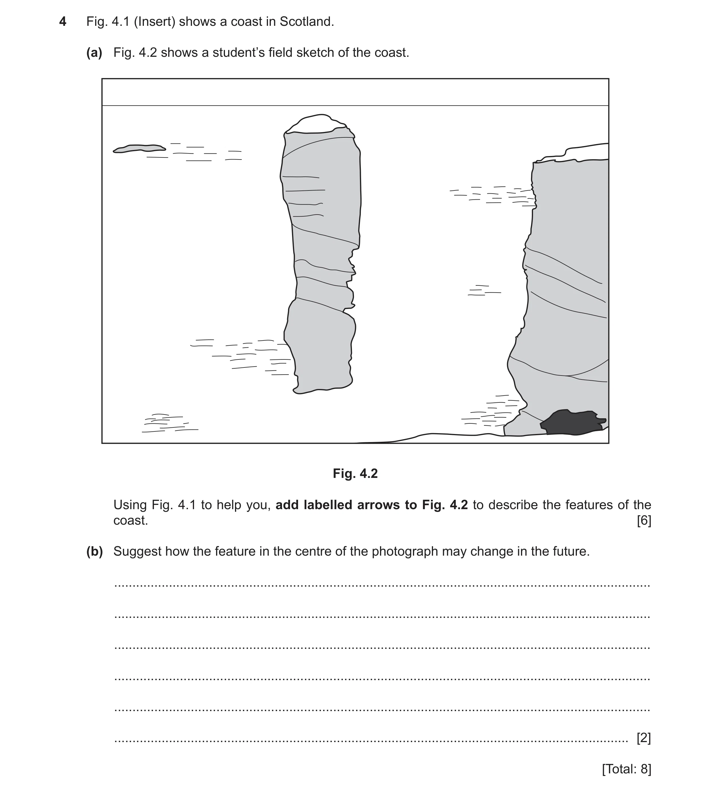 Question 13: Fig. 4.1 (Insert) shows a coast in Scotland. (a) Fig. 4.2 shows a student’s field sketch of the coast. Fig. 4.2 Using Fig. 4.1 to help you,…