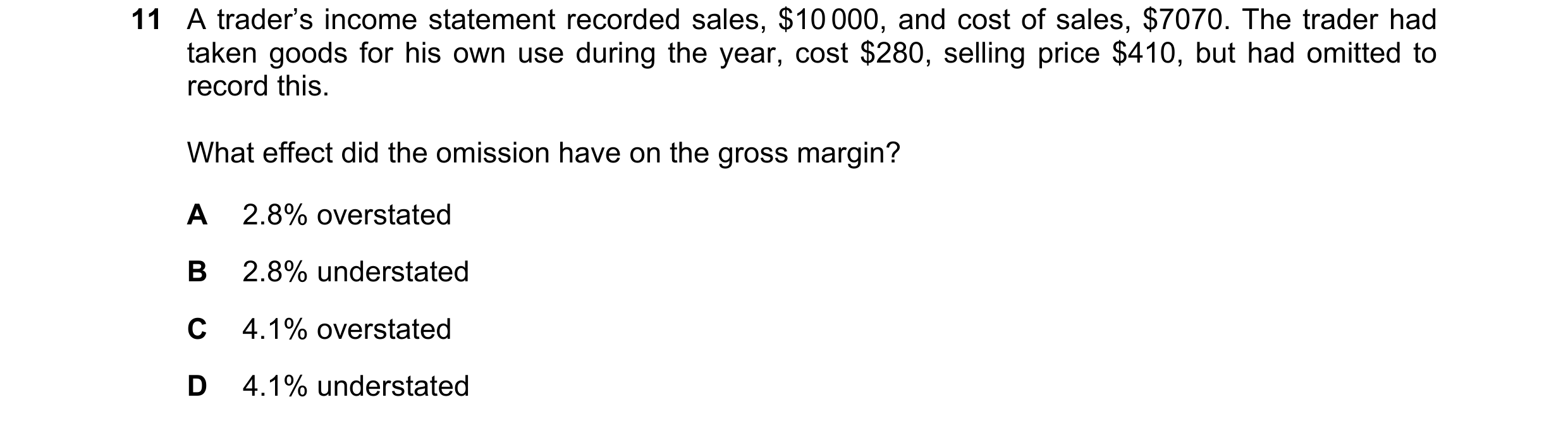 Question 284: A trader’s income statement recorded sales, $10 000, and cost of sales, $7070. The trader had taken goods for his own use during the year, …