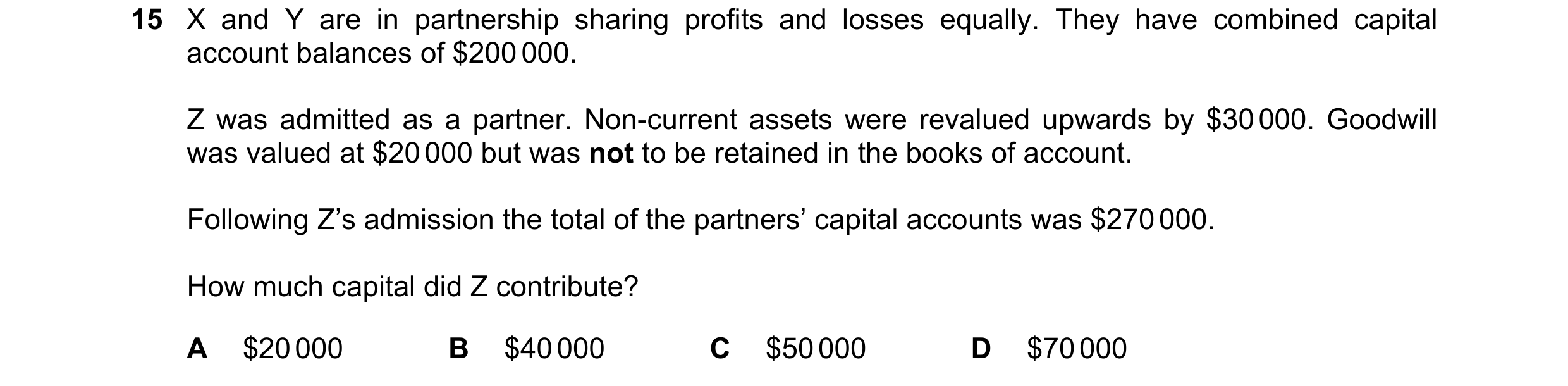 Question 133: X and Y are in partnership sharing profits and losses equally. They have combined capital account balances of $200 000. Z was admitted as a…