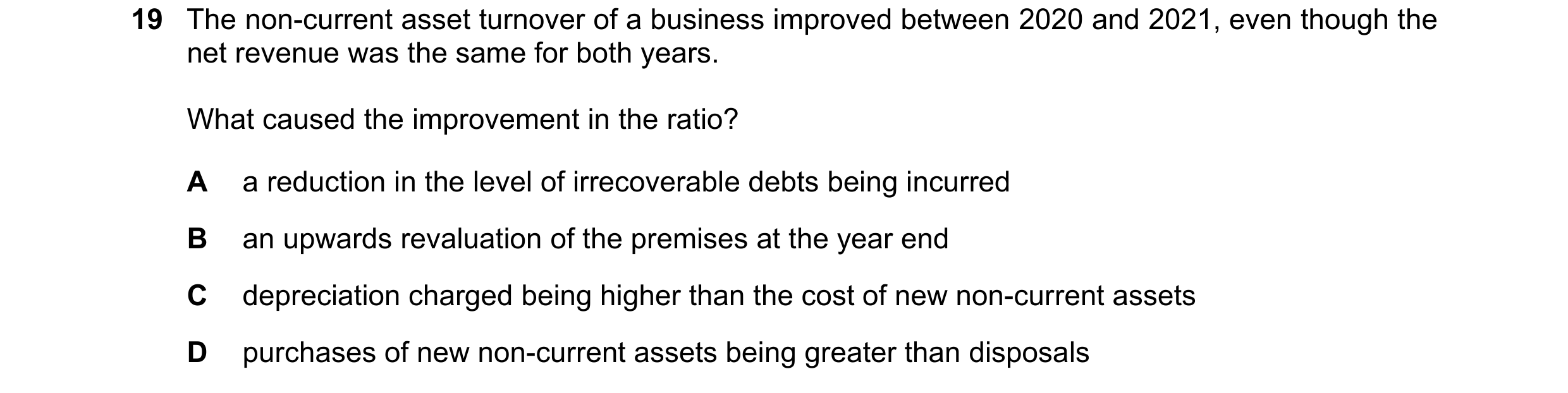 Question 47: The non-current asset turnover of a business improved between 2020 and 2021, even though the net revenue was the same for both years. What …