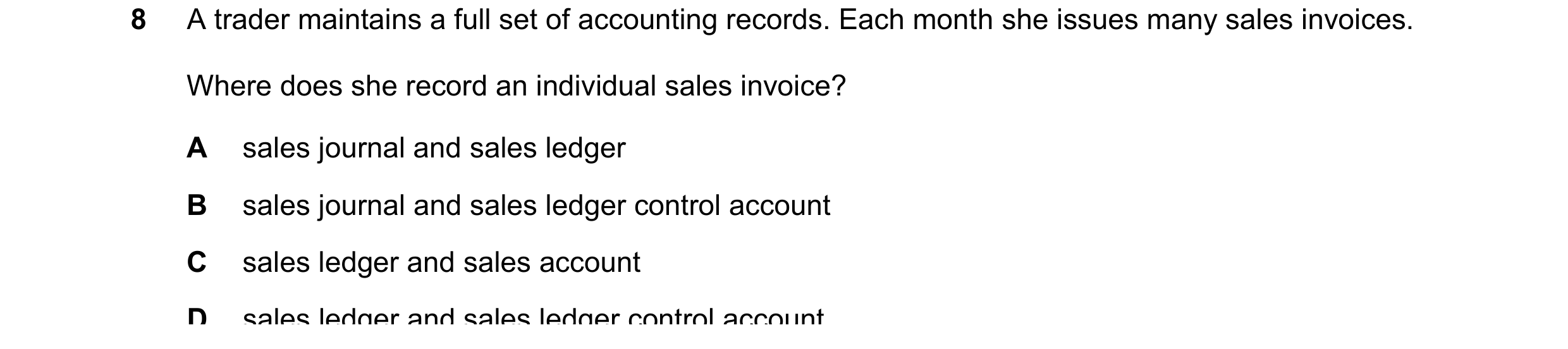 Question 208: A trader maintains a full set of accounting records. Each month she issues many sales invoices. Where does she record an individual sales i…