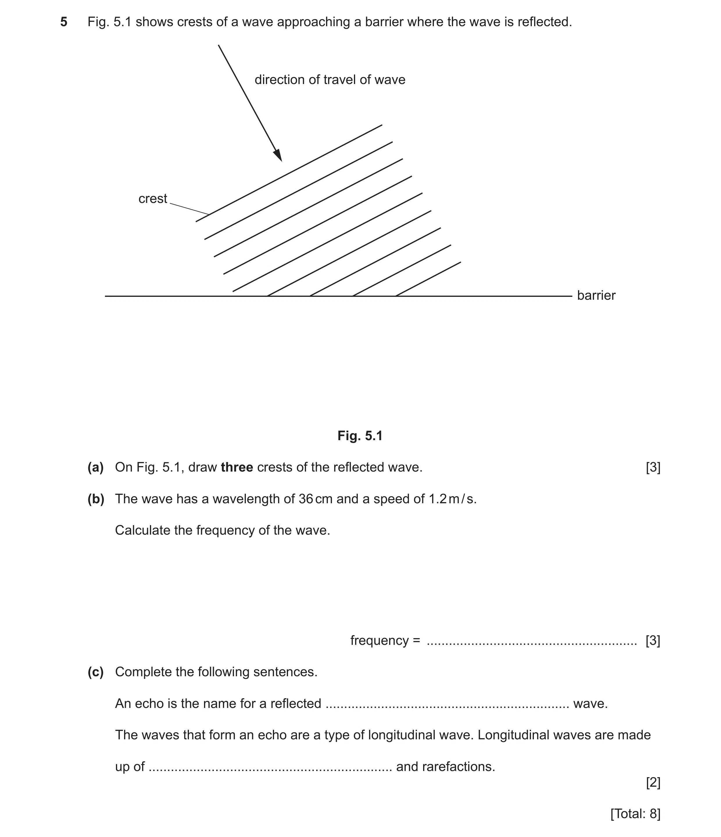 Question 13: Fig. 5.1 shows crests of a wave approaching a barrier where the wave is reflected. direction of travel of wave crest barrier Fig. 5.1 (a) O…
