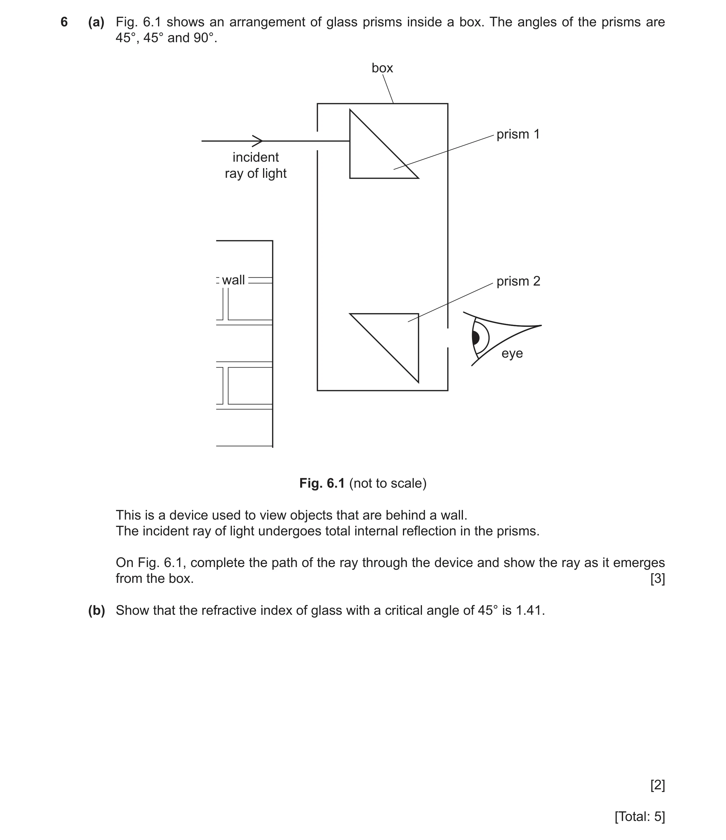 Question 23: (a) Fig. 6.1 shows an arrangement of glass prisms inside a box. The angles of the prisms are 45°, 45° and 90°. box prism 1 incident ray of …