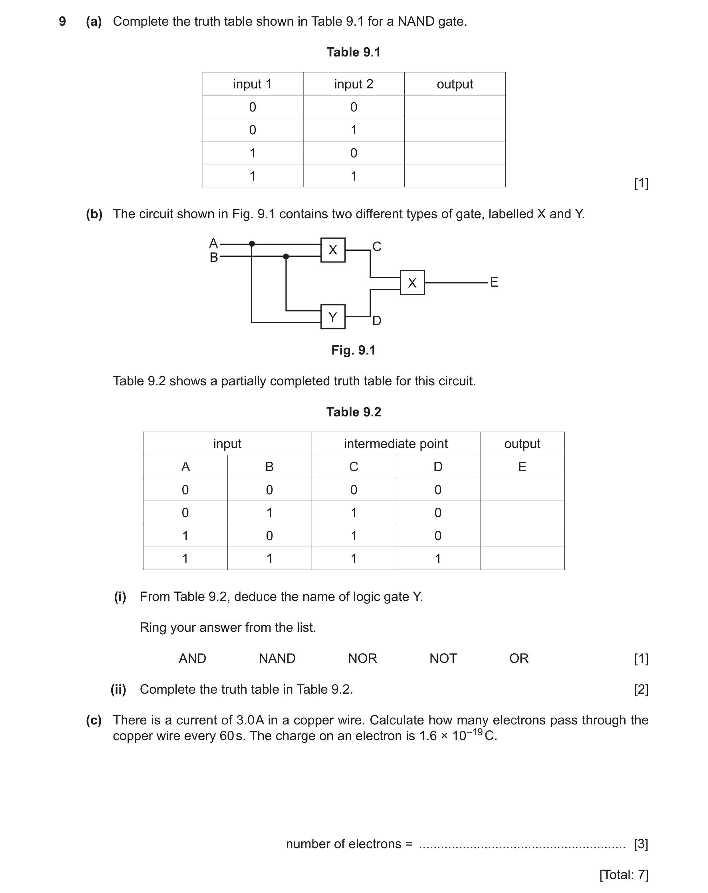 Question 24: (a) Complete the truth table shown in Table 9.1 for a NAND gate. Table 9.1 input 1 input 2 output 0 0 0 1 1 0 1 1 [1] (b) The circuit shown…
