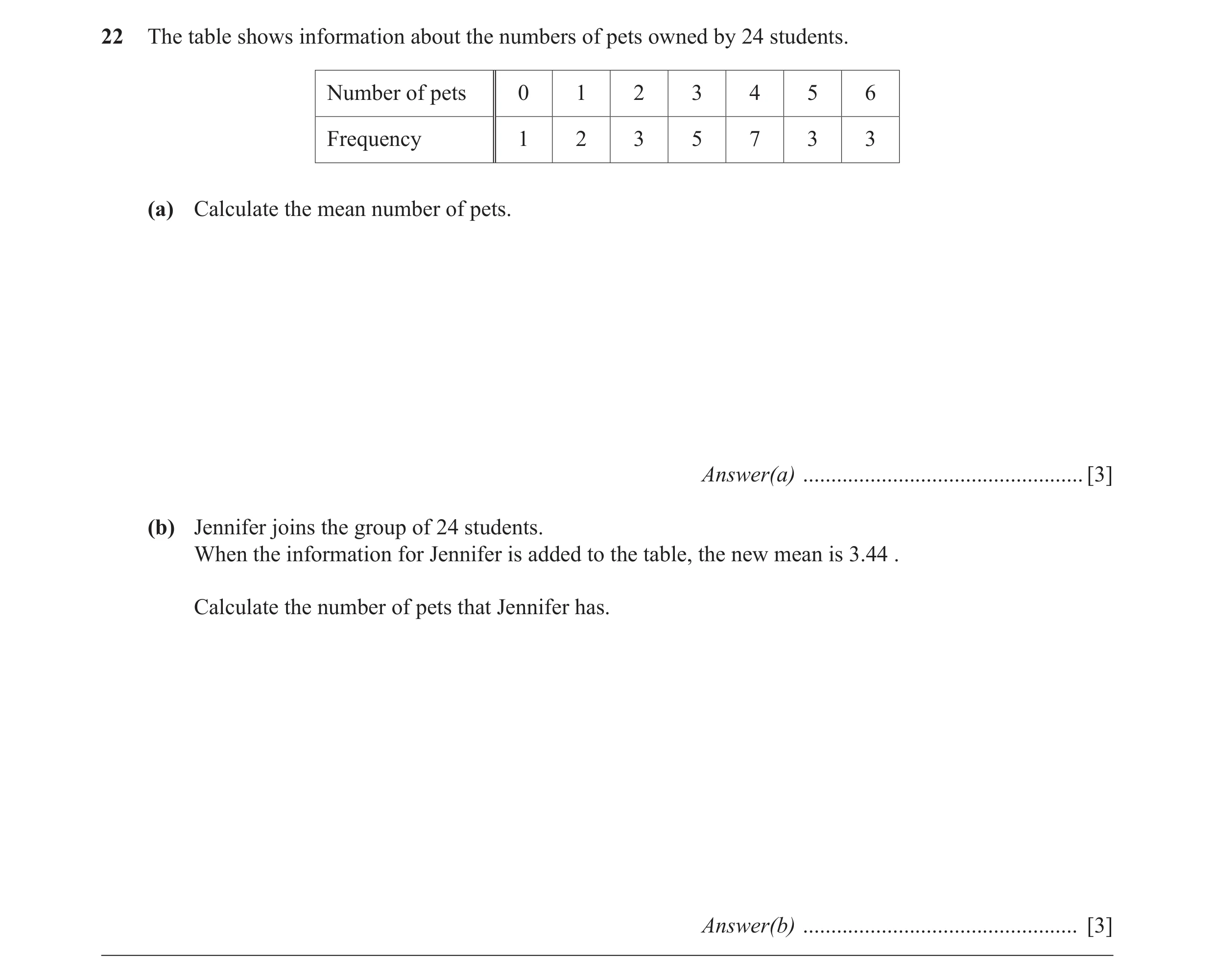 Question 12: The table shows information about the numbers of pets owned by 24 students. Number of pets 0 1 2 3 4 5 6 Frequency 1 2 3 5 7 3 3 (a) Calcul…