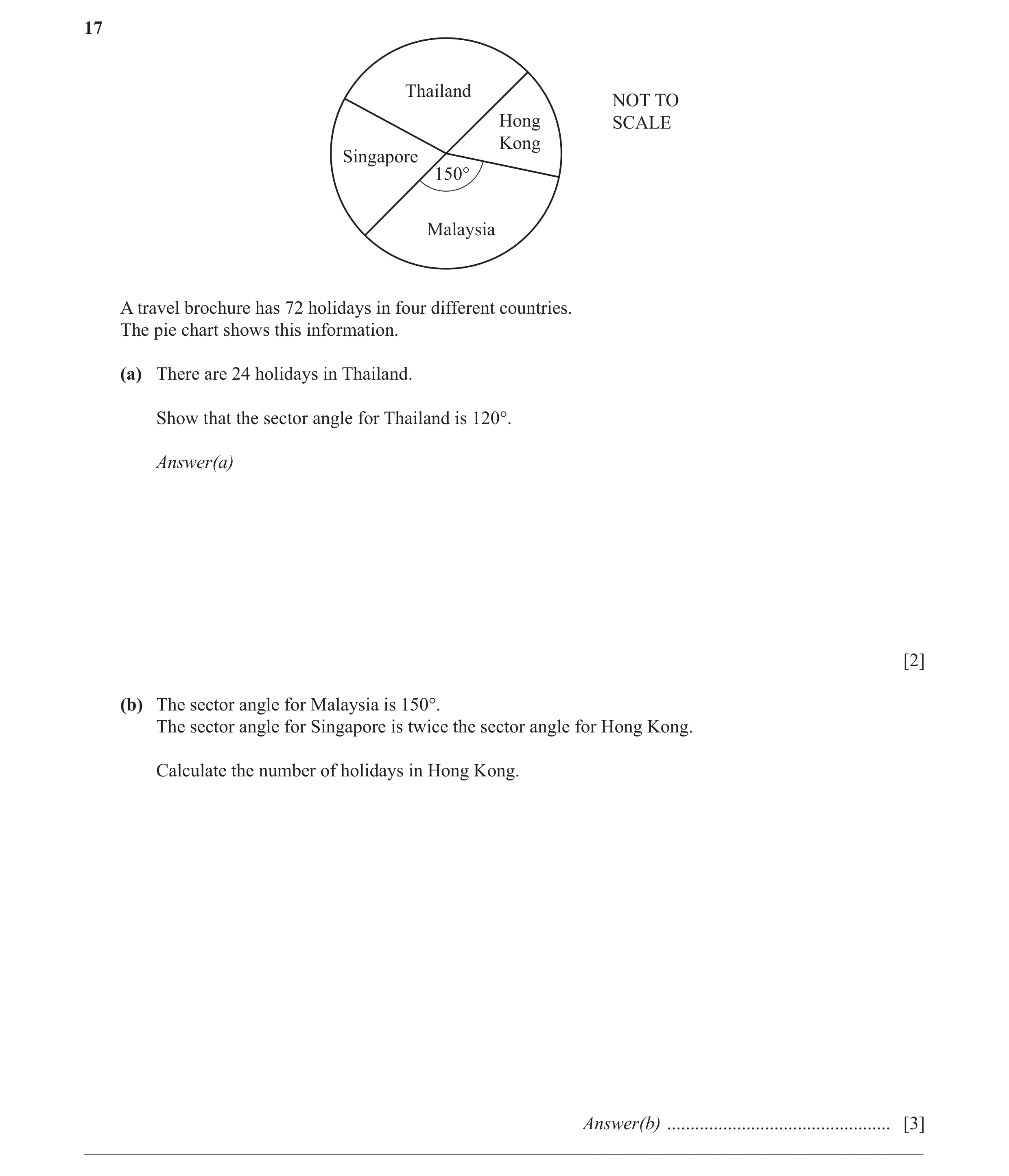 Question 18: Thailand NOT TO Hong SCALE Kong Singapore 150° Malaysia A travel brochure has 72 holidays in four different countries. The pie chart shows …
