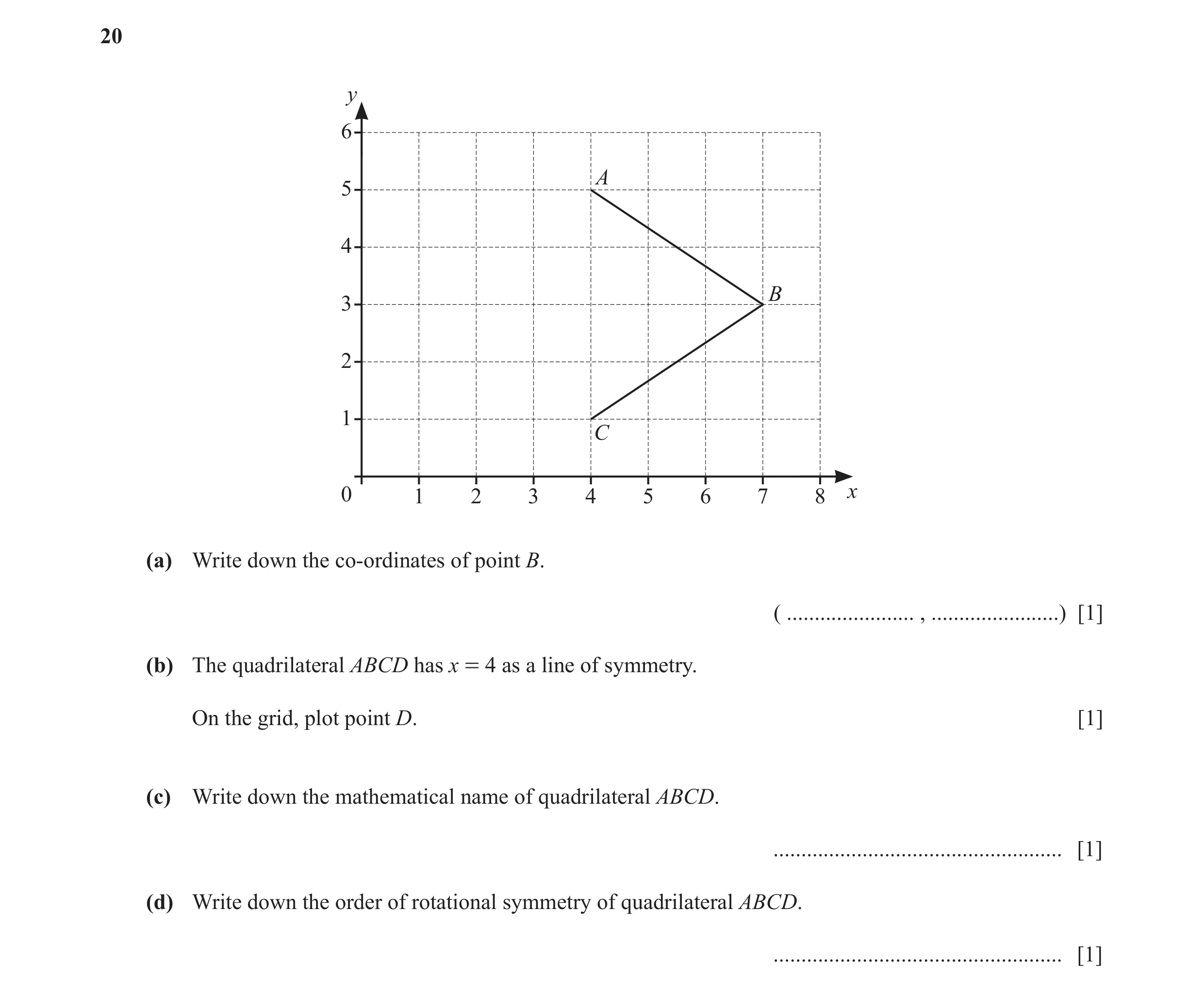 Question 13: y 6 A 5 4 B 3 2 1 C 0 1 2 3 4 5 6 7 8 x (a) Write down the co-ordinates of point B. ( ....................... , .......................) [1…