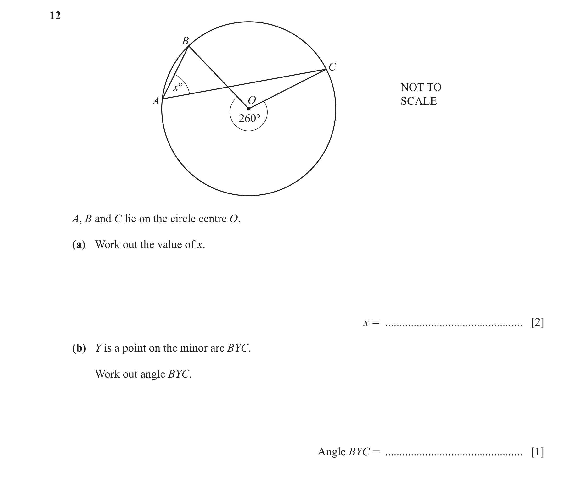 Question 23: B C x° NOT TO A O SCALE 260° A, B and C lie on the circle centre O. (a) Work out the value of x. x = ......................................…